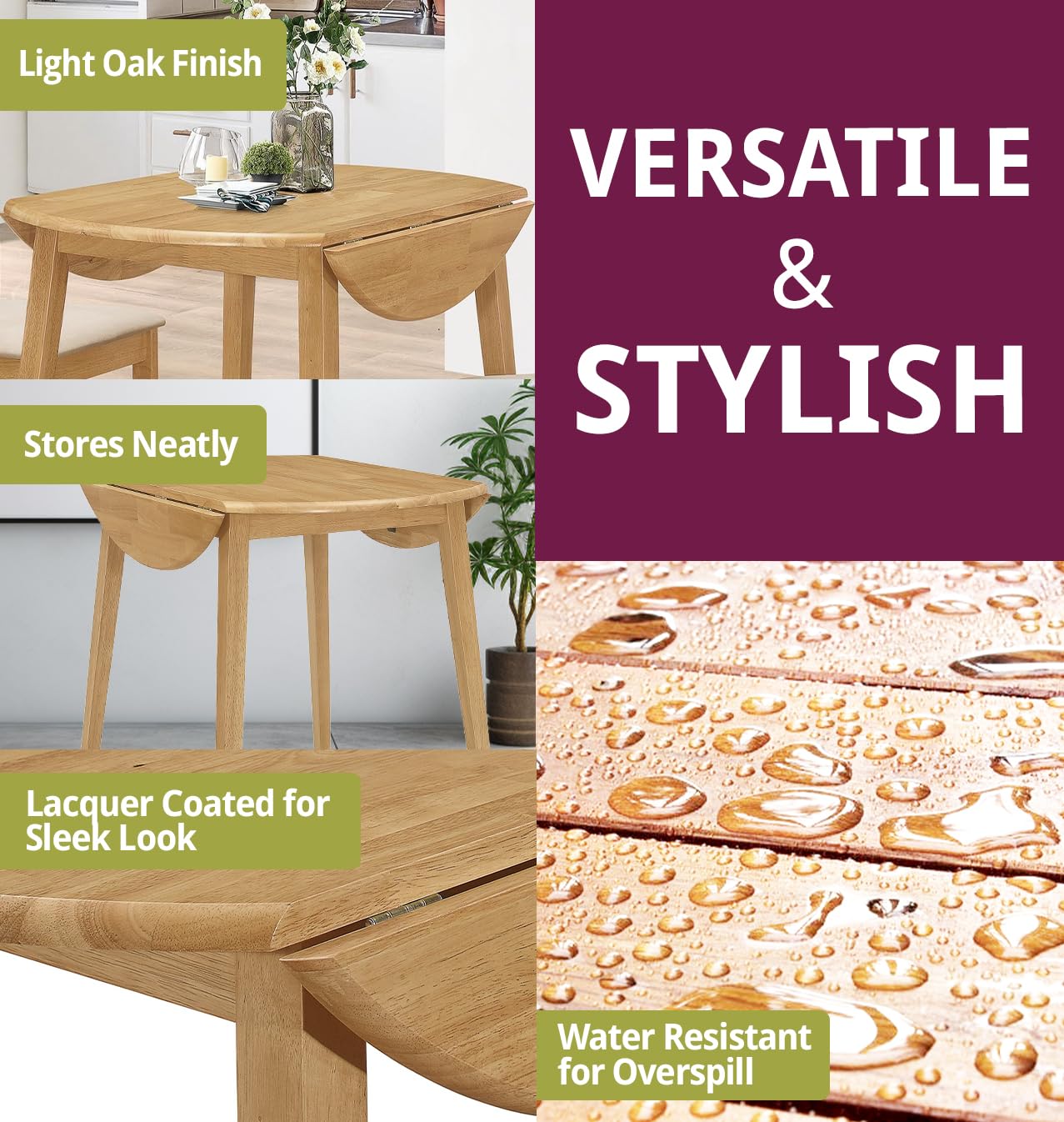 Hallowood Ledbury Small Drop Leaf Round Dining Table - Solid Wood Folding Kitchen Table in Oak Finish for Home, Café & Small Spaces | Perfect for Apartments, Breakfast Nooks & Cozy Dining Areas