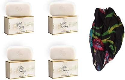 Organic Milk & Honey Soap Bar Set (Pack of 4, 4 x 100g) with Fashionable Hair Band Combo - Natural Skincare & Hair Accessories for Daily Use, Gift Idea
