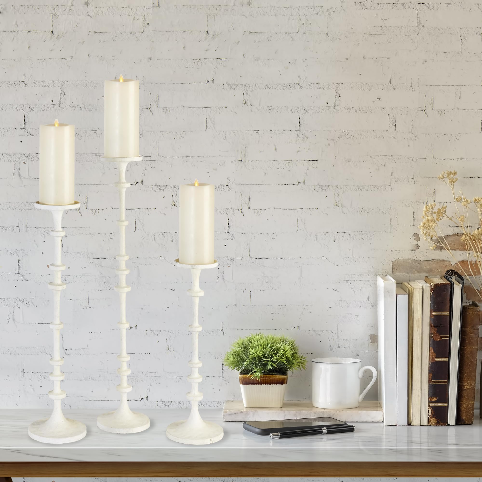 Napa Home & Garden Abacus Candle Stands - Set of 3 White Decorative Candle Holders for Table Centerpiece, Wedding Decor, and Home Ambiance Lighting