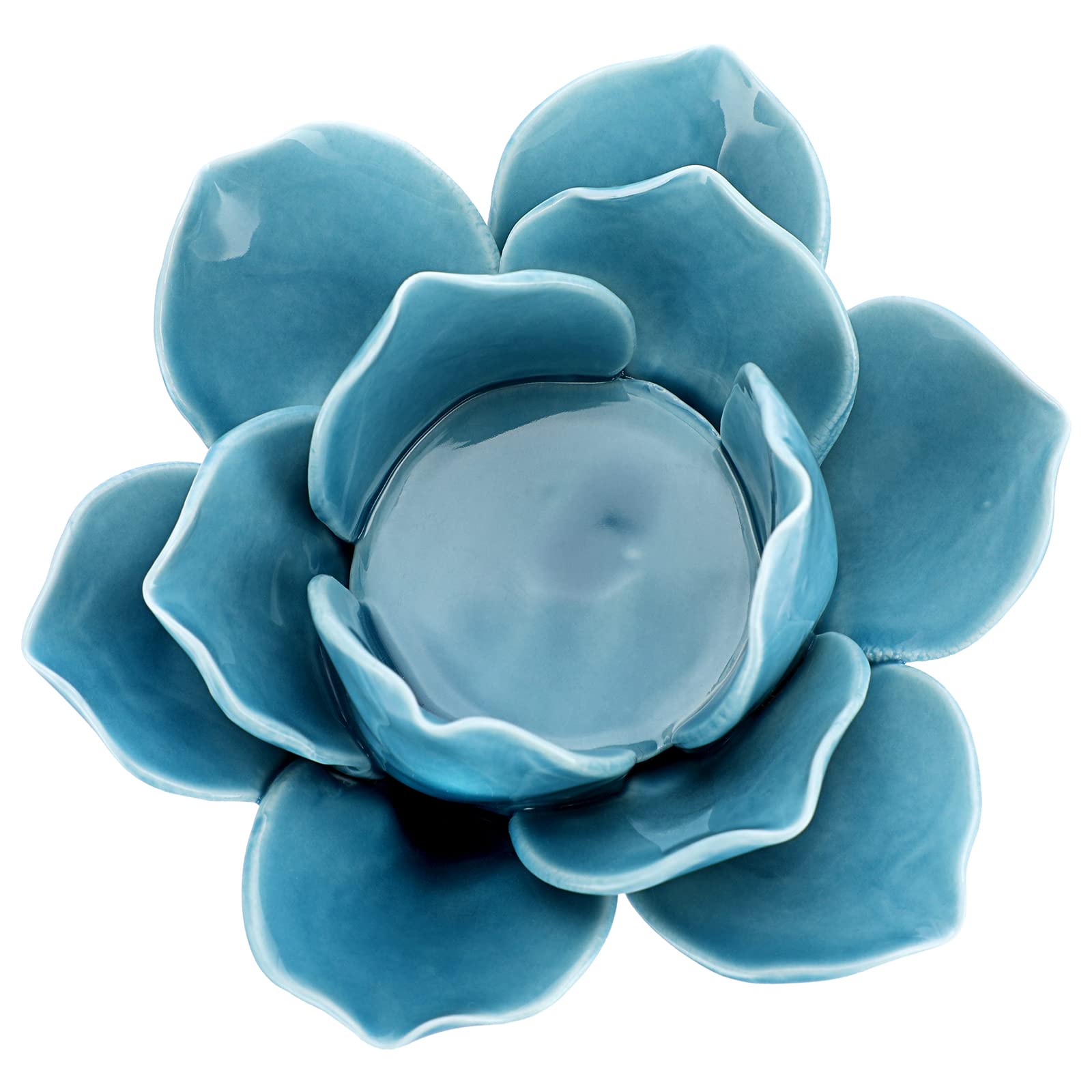 OwnMy 4.5 Inch Blue Ceramic Lotus Flower Tea Light Holder - Elegant Lotus Petals Candle Holder for Votive & Tealight Candles - Perfect for Home Decor, Wedding Centerpieces & Party Decorations - Includes Gift Box