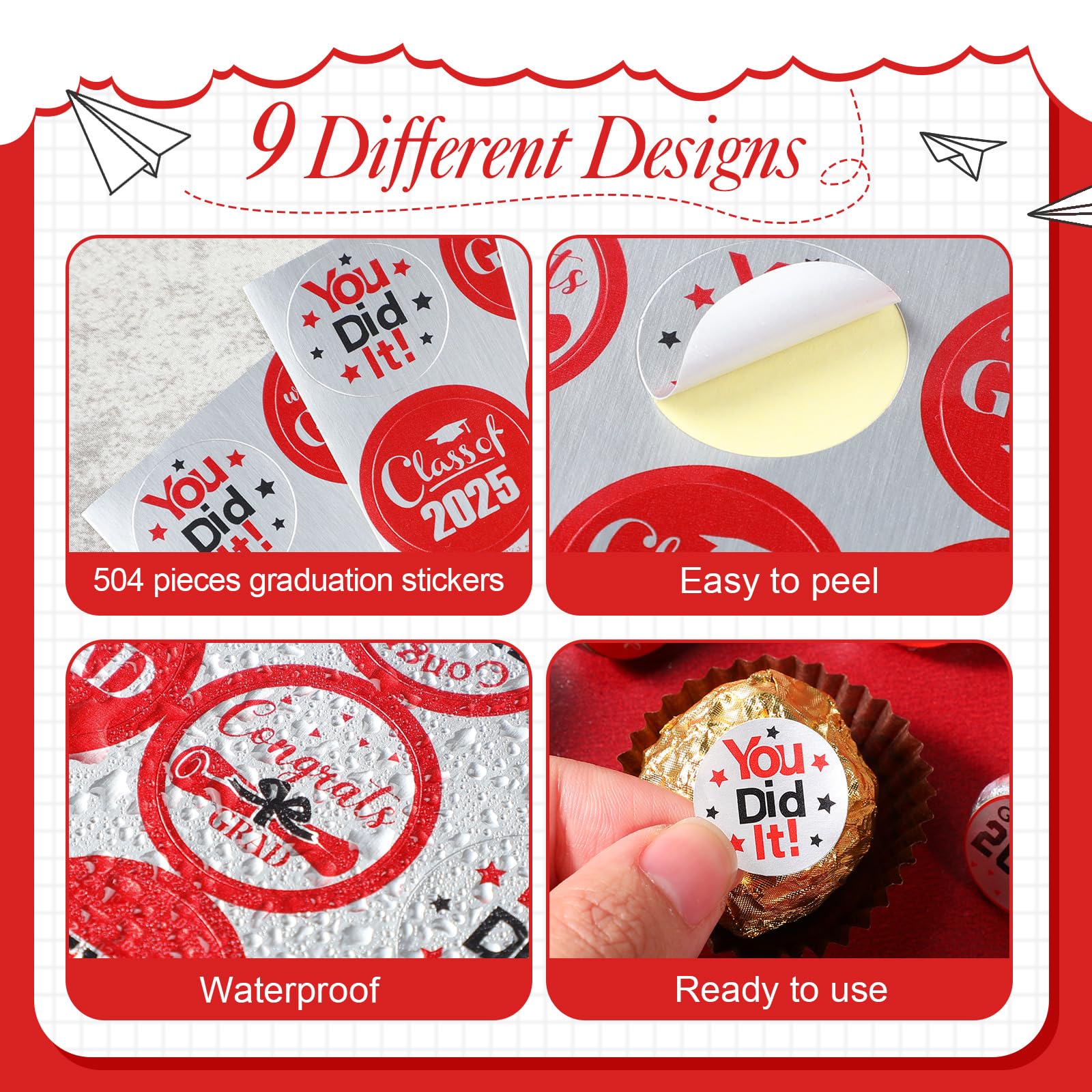 504-Piece 2025 Graduation Stickers Set - Congrats Grad Senior Class of 2025 Party Favors - Candy & Chocolate Labels for High School, College & Doctorate Graduation Celebrations (Red) - Perfect for Graduation Party Decorations, Diploma Covers & Gift Wrapping