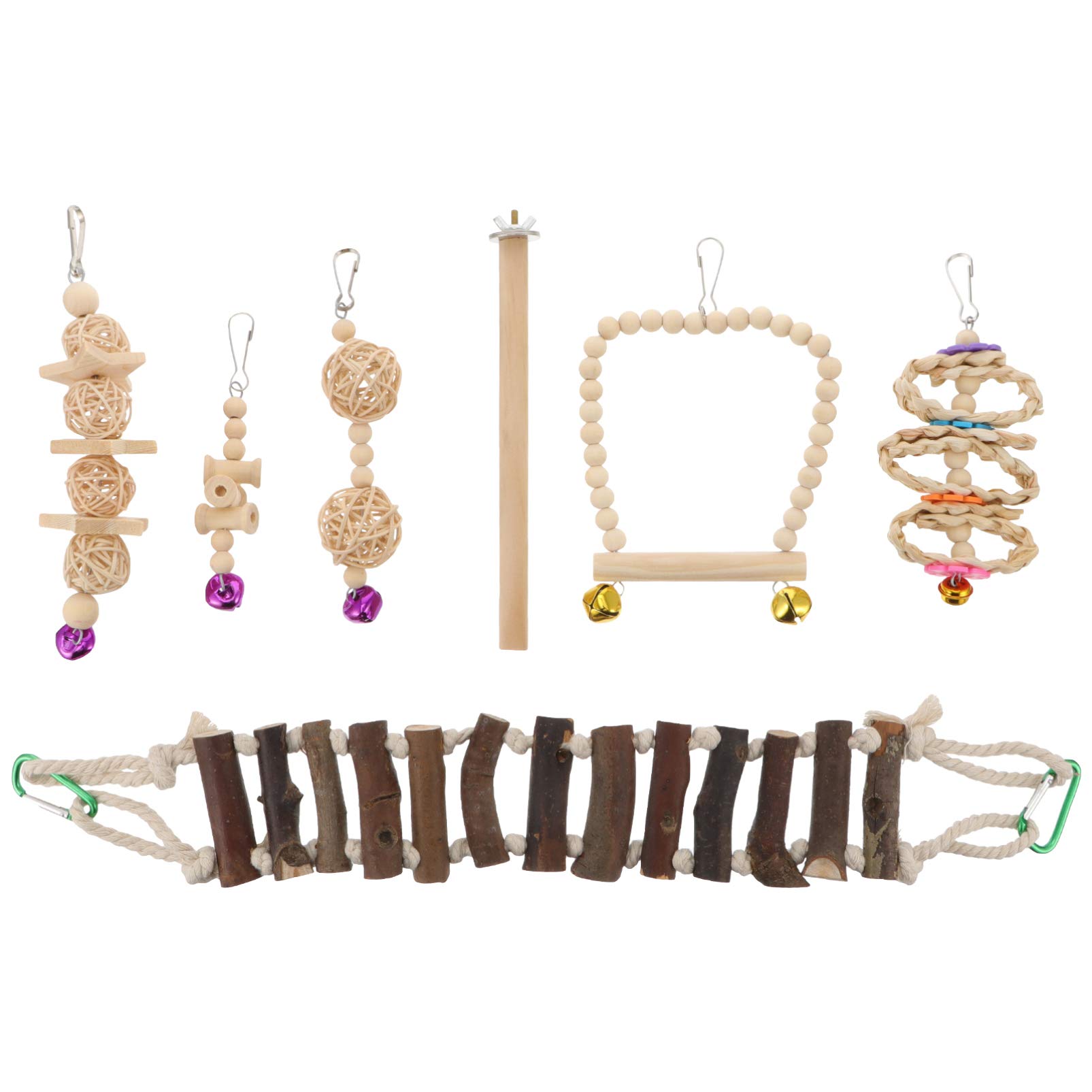 Balacoo 7pcs Parrot Toys Set - Wooden Ladder, Bird Perch Stand, Chewing Bell Toys for Small Birds - Cockatiels, Parakeets, Conures - Perfect for Cage Climbing, Play & Exercise