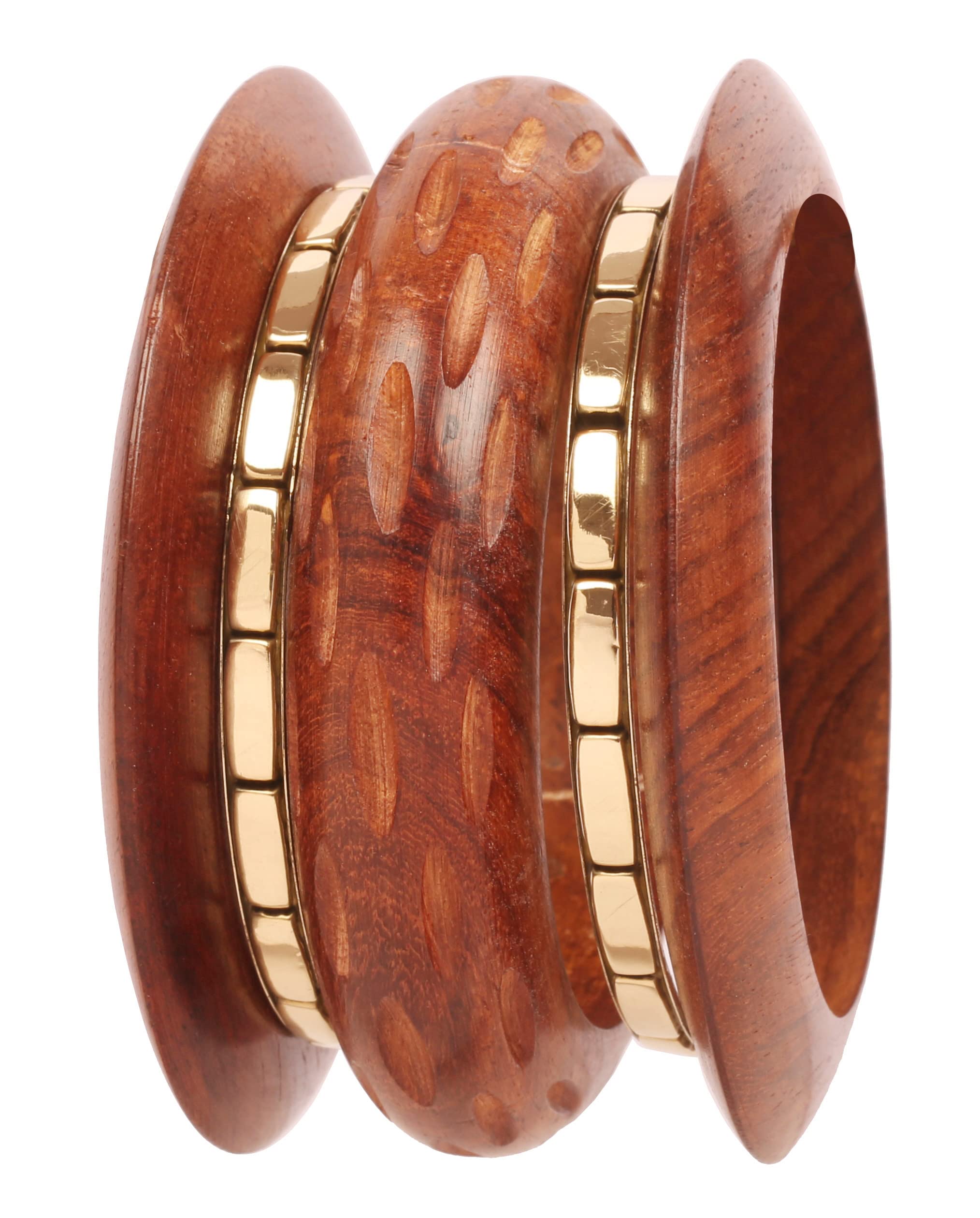 Exquisite Indian Bollywood Hand-Cut Wooden Brass Designer Bangle Bracelets for Women - Gold Tone, Assorted Patterns | Perfect for Festivals, Weddings & Ethnic Fashion