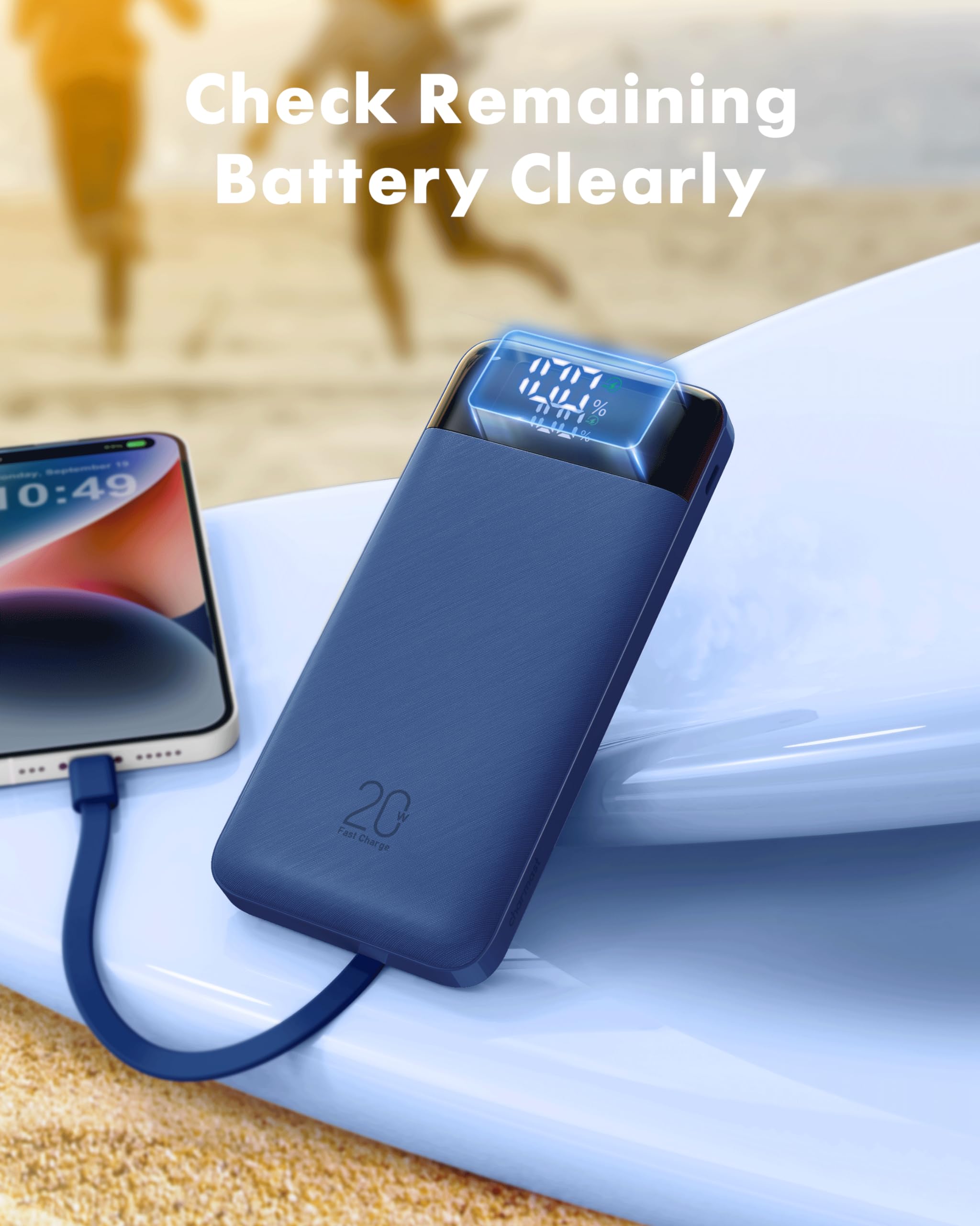 Charmast 20000mAh Power Bank with Built-in Cables | 20W PD/QC Fast Charging Portable Charger | Compatible with iPhone, iPad, Samsung Galaxy | Perfect for Travel, Camping & Emergency Power Backup