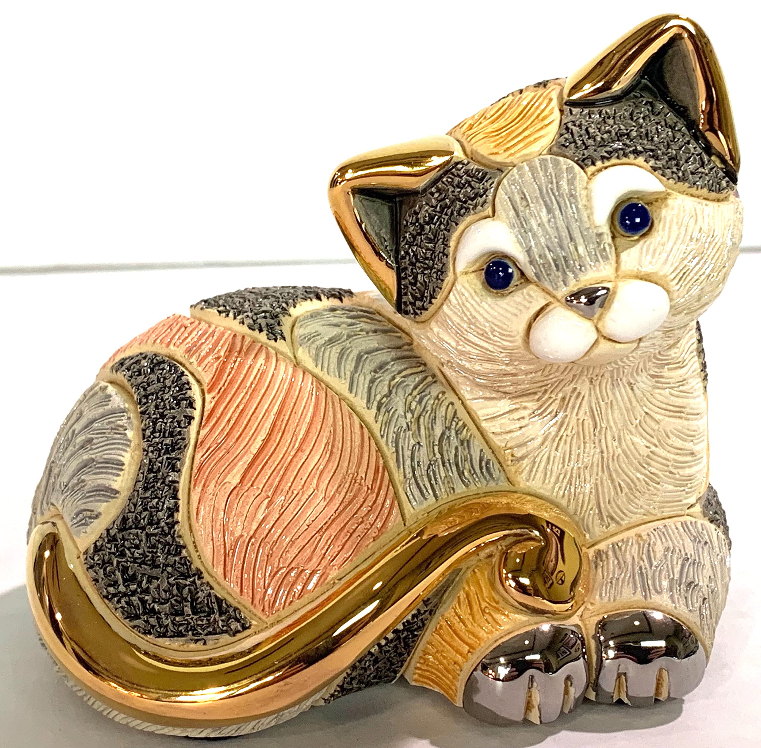 Handmade Ceramic Calico Cat Figurine - De Rosa Family Collection F217 in Gift Box | Unique Home Decor & Cat Lover Gift for Birthday, Housewarming, Christmas