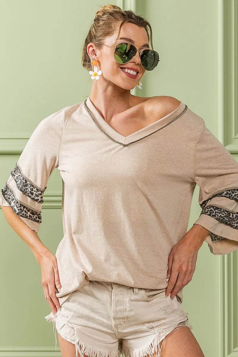 Stylish BiBi Triblend Knit Top with Leopard Band Detail - Women's Fashion T-Shirt for Casual Wear, Outfits & Daily Comfort