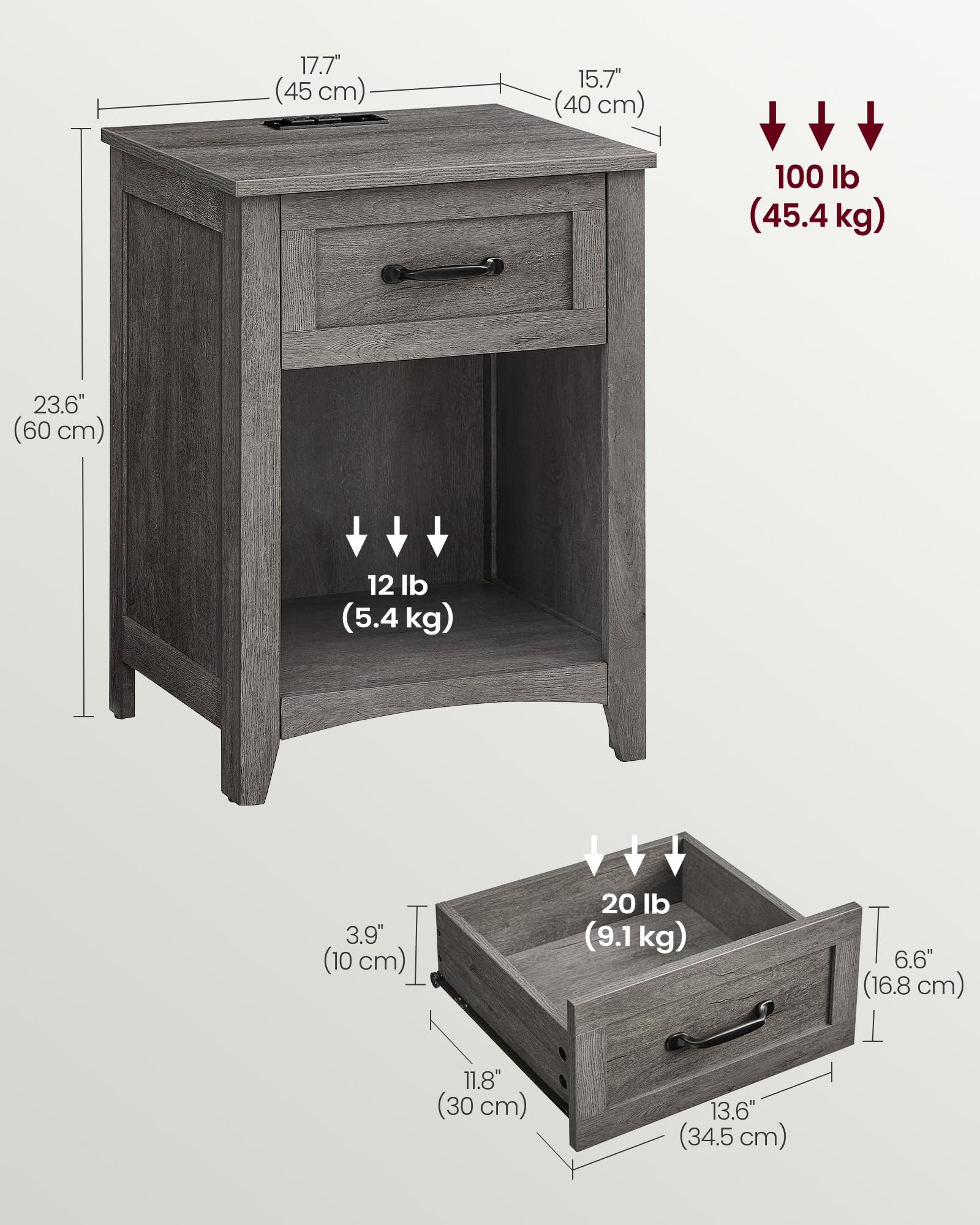 VASAGLE Farmhouse Nightstand with USB Charging Station, Bedside Table with Drawer & Open Shelf, Storage Side Table for Bedroom - Misty Gray | Perfect for Small Spaces, Apartment Living & Guest Rooms