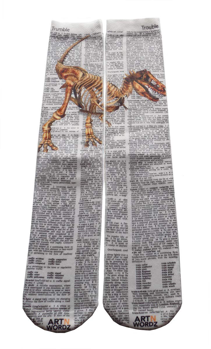 Unisex Dinosaur Socks - T-Rex Bones & Dictionary Pop Art Design | Fun Novelty Socks for Costumes, Gifts & Everyday Wear