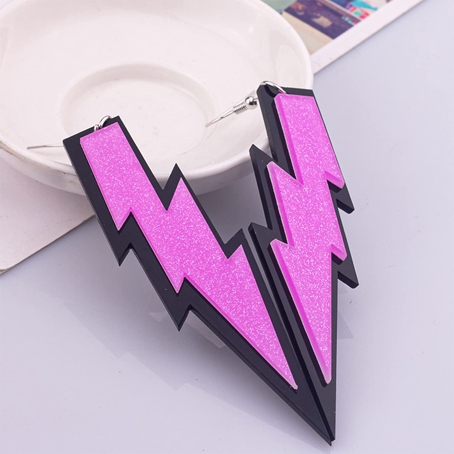 80s Retro Lightning Bolt Drop Earrings for Women - Resin Acrylic Dangle Hook Earrings - Neon Bridal Party Jewelry - Perfect for 80s Theme Parties, Concerts & Costume Events