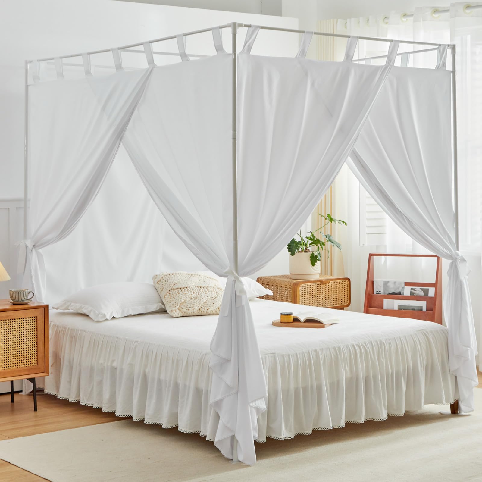 AIKASY White Canopy Bed Curtains with Top Ties & Tie Backs - Windproof & Lightproof Twin Size Bedroom Drapes for Princess Style Decor | Perfect for Girls' Bedrooms, Dorm Rooms & Romantic Wedding Settings