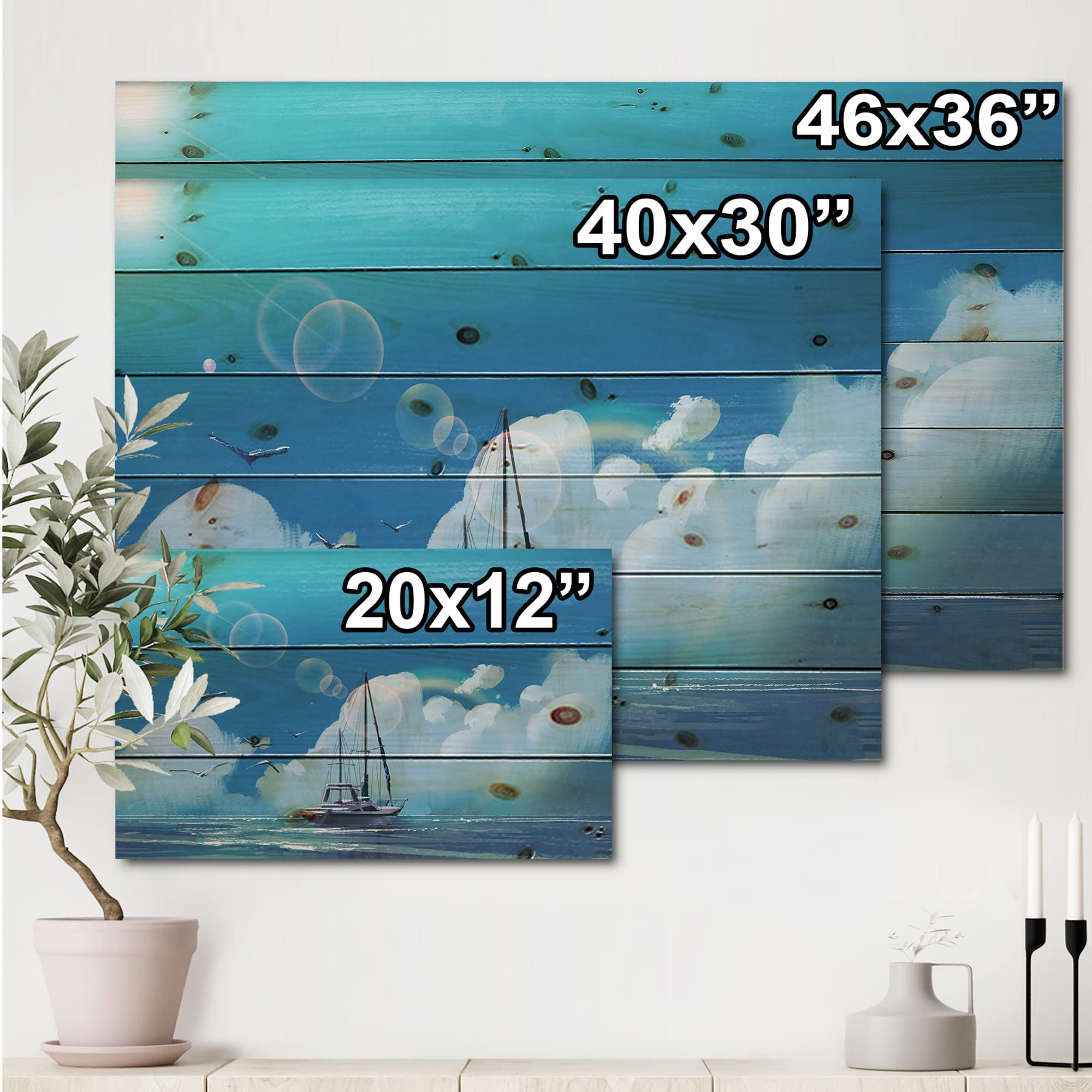 Nautical Sailboat Wood Wall Art - Blue Sea & Summer Sky Coastal Decor, Large Landscape Pine Wood Panel Print for Living Room, Bedroom, or Office