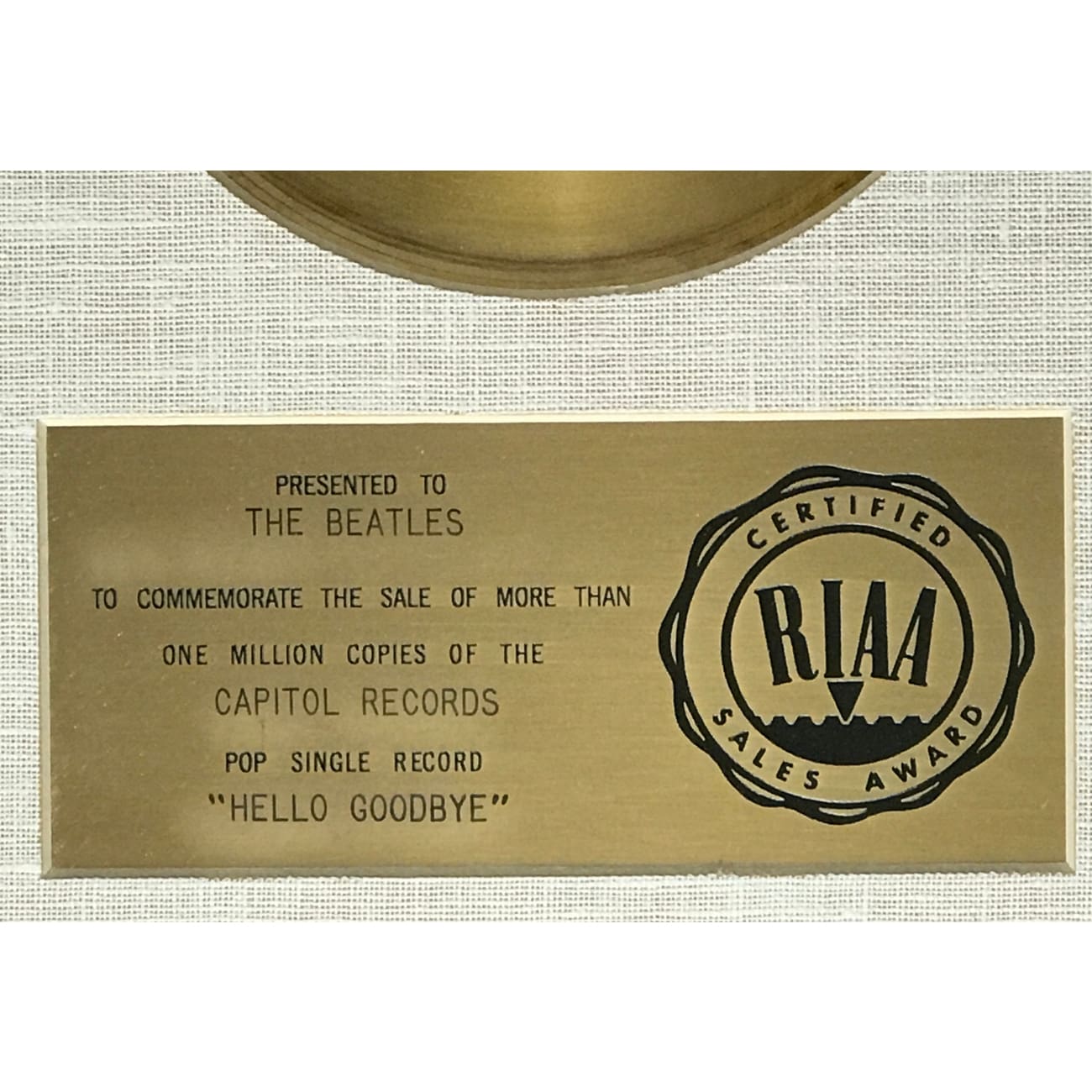 The Beatles Hello Goodbye RIAA Gold 45 Award - Rare Collectible Vinyl Record for Music Memorabilia & Beatles Fans - Perfect for Display in Home, Office or Music Studio