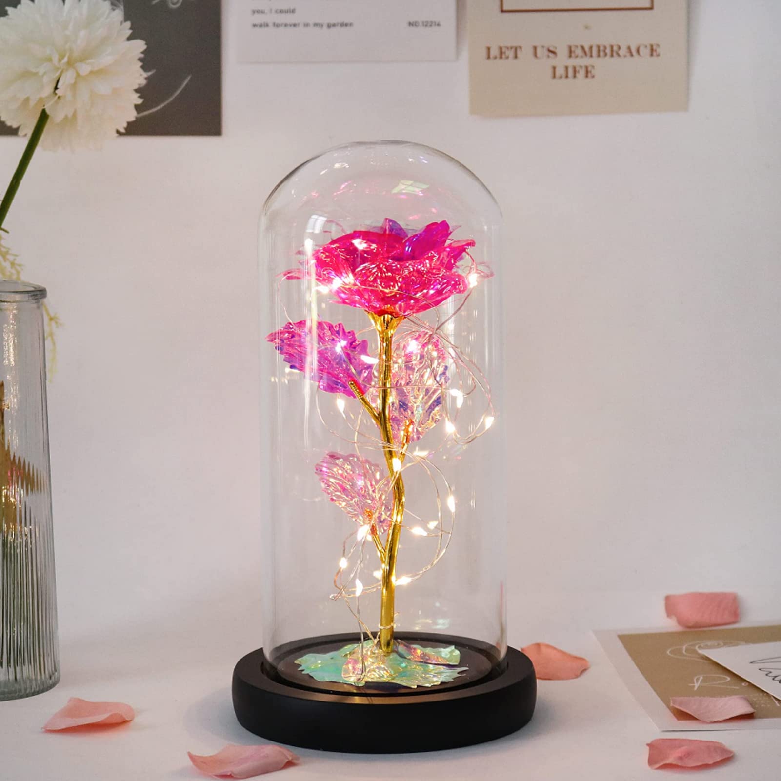 Eternal Rose Under Glass Dome - Valentine's Day Gift for Her, Galaxy Rose with LED Lights, Artificial Flower Gift for Women, Mom, Mother, Grandma - Perfect for Mother's Day, Wedding, Anniversary, Home Decor, Romantic Proposal, Bedroom Centerpiece