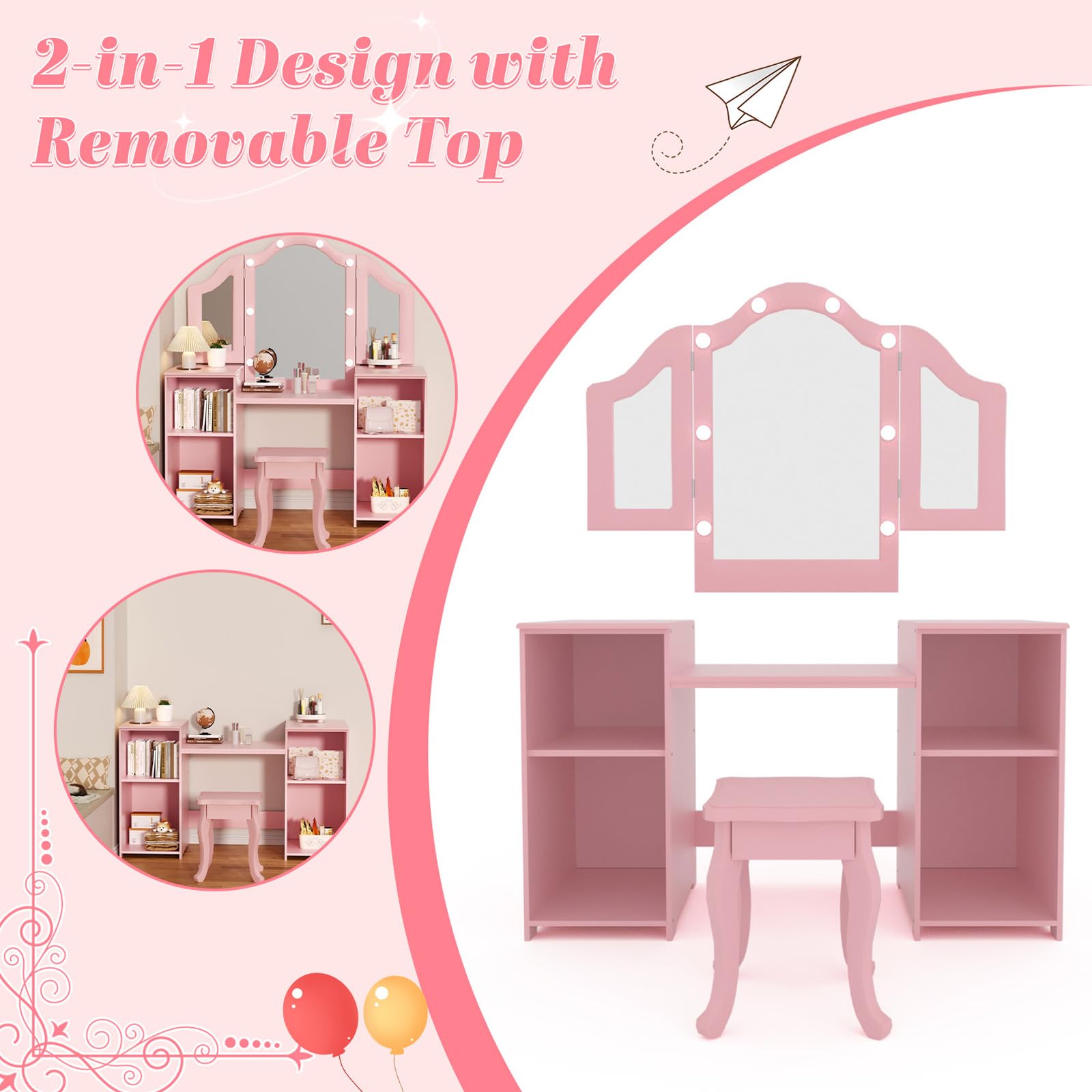 YUFU Kids Vanity Set - 2 in 1 Wooden Makeup Desk & Chair with Removable Tri-Fold Mirror, LED Lights and 4 Storage Compartments | Toddler Dressing Table for Girls (Pink) | Perfect for Pretend Play, Birthday Gifts & Bedroom Decor