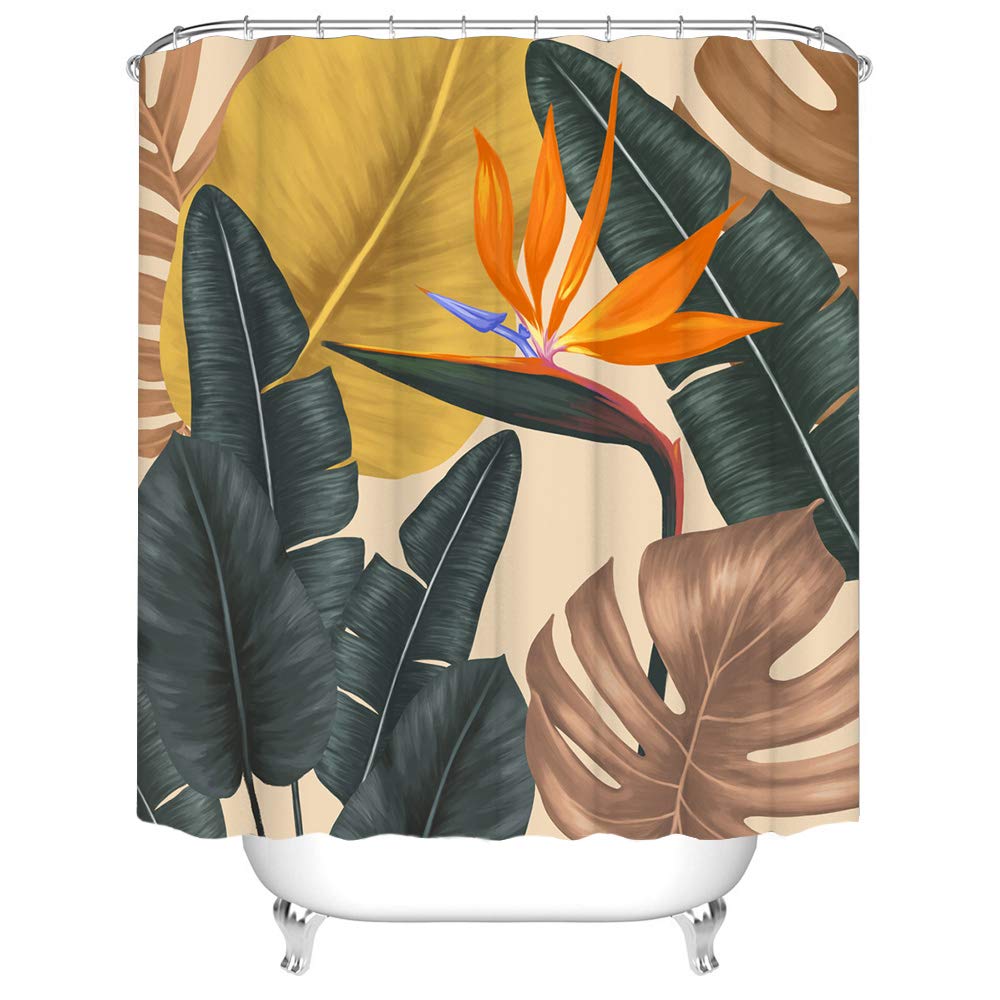 Tropical Shower Curtain - Bird of Paradise & Palm Leaf Design, Retro Hawaii Bathroom Decor with Hooks, 72x72 Inches, Brown - Perfect for Beach-Themed Bathrooms and Vacation Home Decor