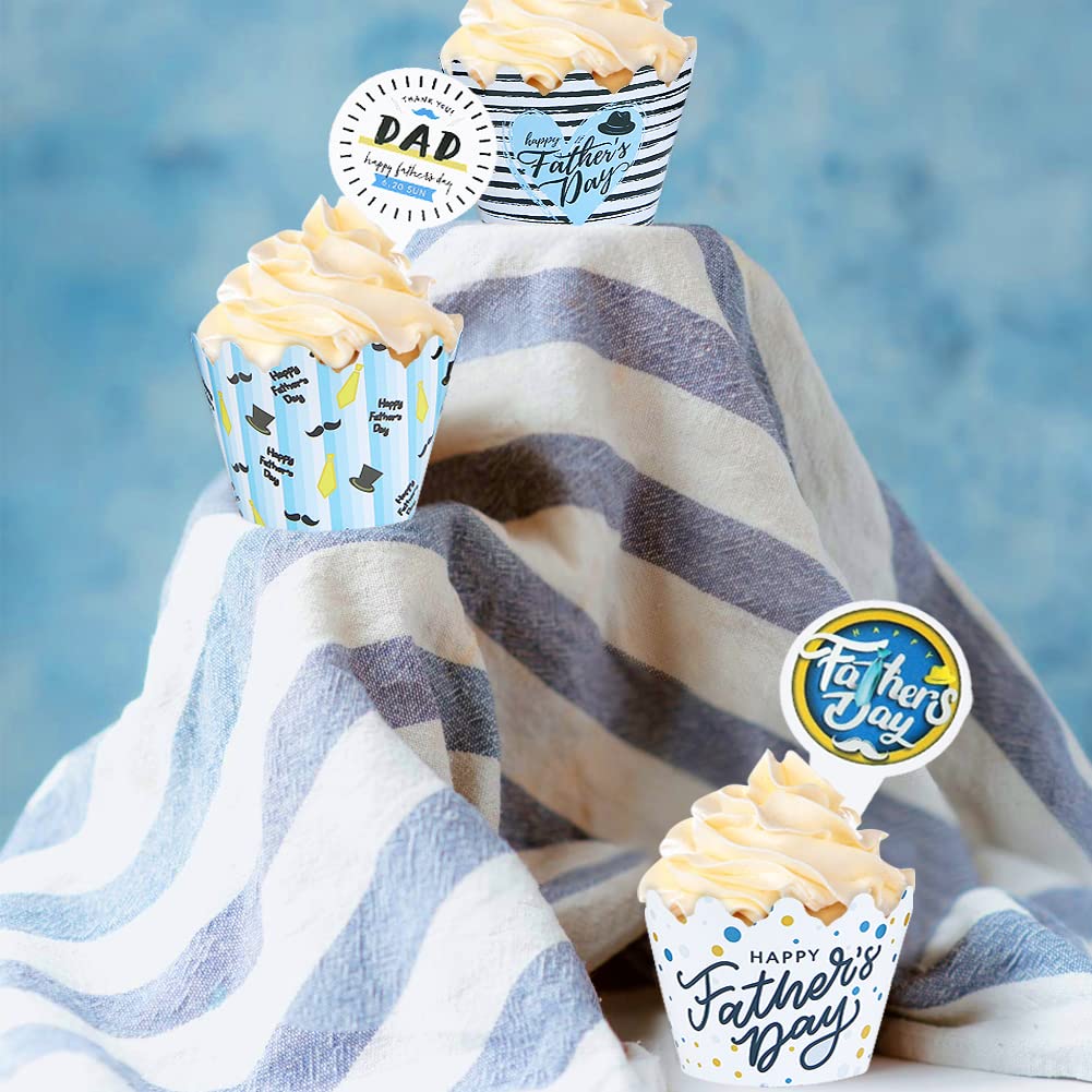 48 Pcs Happy Father's Day Cupcake Toppers & Wrappers - Father's Day Party Decorations, Cake Cupcake Decorations for Dad, Daddy Birthday Party, Table Decor Supplies - Perfect for Father's Day Celebrations, Birthday Parties & Family Gatherings