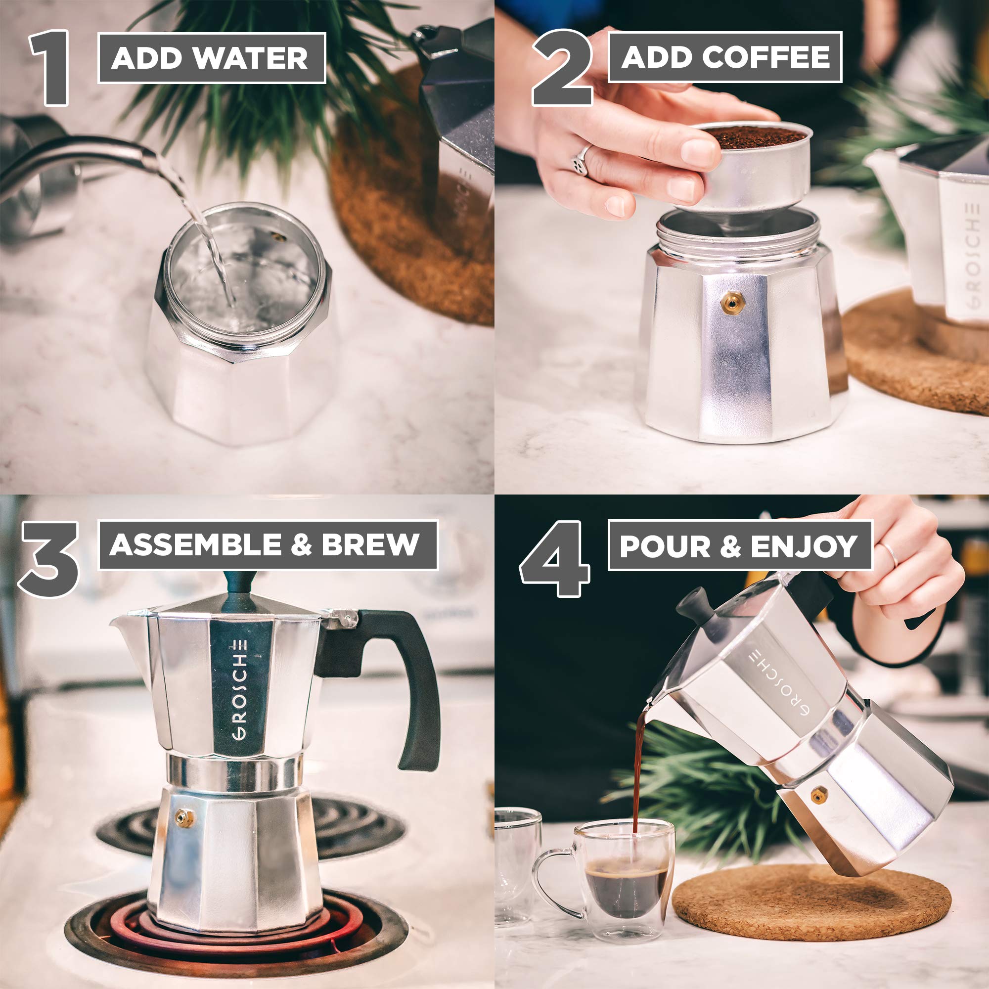 GROSCHE Milano Stovetop Espresso Maker - 9 Cup Moka Pot (15.2 oz) - Silver Italian Coffee Brewer for Cuban & Espresso - Perfect for Home, Camping & Gifts