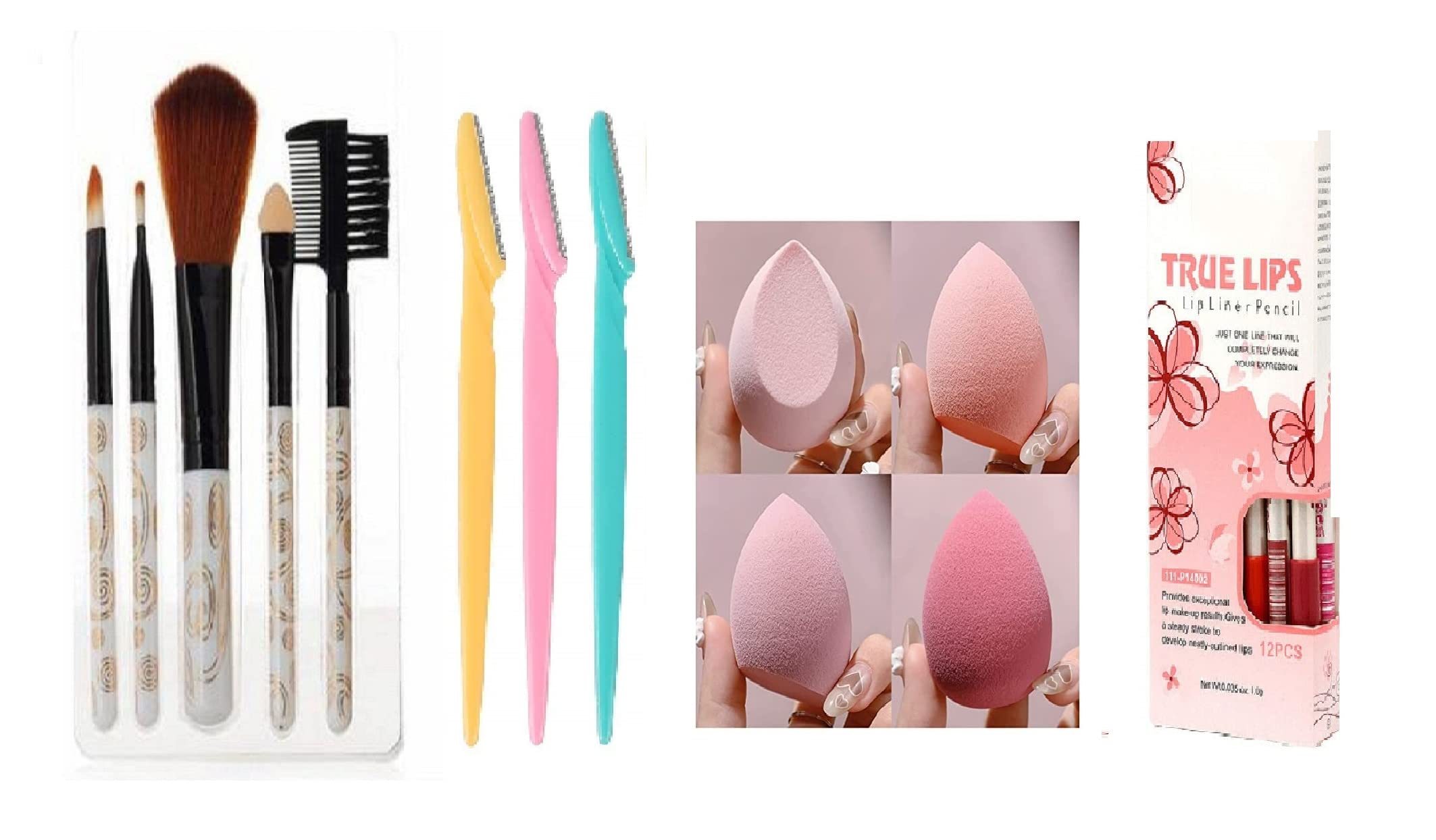 ClubBeauty 5-Piece Soft Puffy Makeup Brush Set, 3-Piece Eyebrow Razor Kit, 12 True Lips Creamy Lip Liner Pencils (Assorted Colors), 4-Piece Beauty Blender Sponge - 7 Item Complete Makeup Kit for Professional & Everyday Beauty Looks
