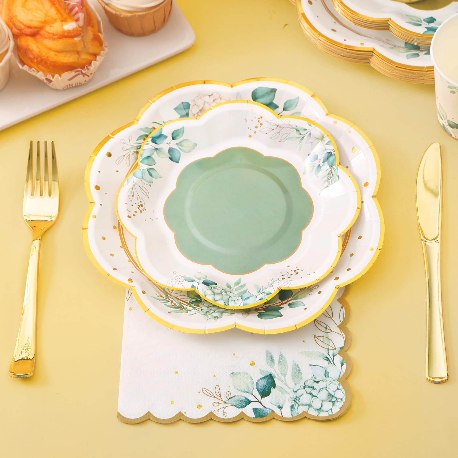 Sage Green Party Plates & Napkins Set - 24 Count Eco-Friendly Disposable Tableware for Birthday, Baby Shower, Bridal Shower, Wedding & Baptism - Elegant Garden Party Decorations & Dinnerware Supplies