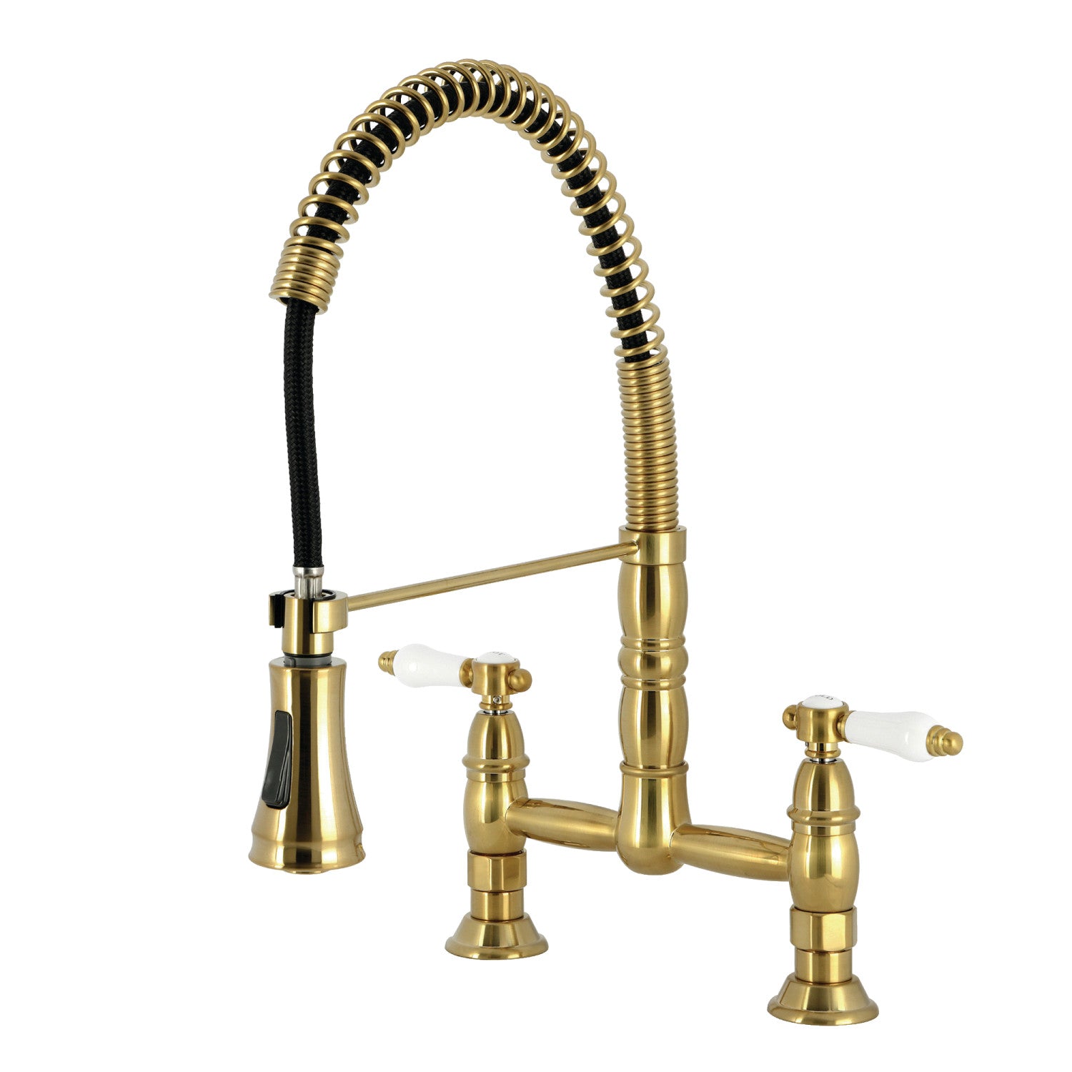 Bel Air GS1277BPL Brushed Brass Double Handle 2-Hole Deck Mount Pre-Rinse Bridge Kitchen Faucet - Perfect for Commercial & Residential Kitchens, Restaurants, and Food Prep Areas