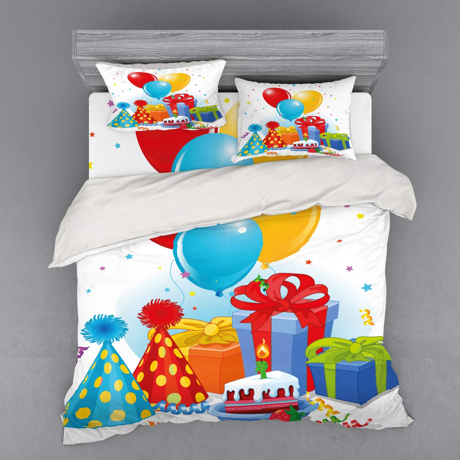 Ambesonne King Size 4-Piece Duvet Cover Set - Colorful Strawberry Pie Birthday Theme with Shams & Fitted Sheet | Perfect for Birthday Party Decorations & Bedroom Makeover