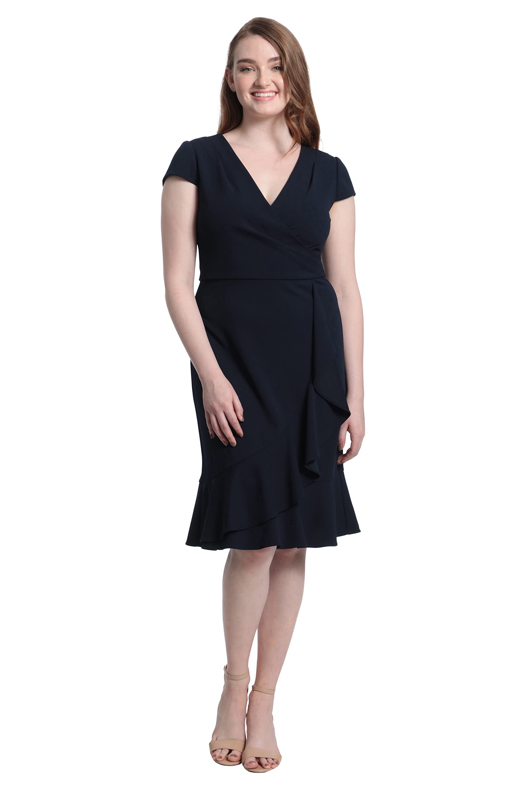 London Times Women's Cap Sleeve V-Neck Wrap Dress - Knee Length Ruffled Flounce Skirt - Casual Summer Office Wear & Special Occasion Outfit