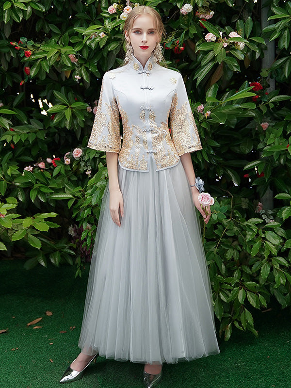 Elegant Pink and Gray Bridesmaid Dresses for Wedding - Traditional Chinese Xiu He Qun Kwa Outfit - Perfect for Bridal Party, Tea Ceremony, and Cultural Celebrations