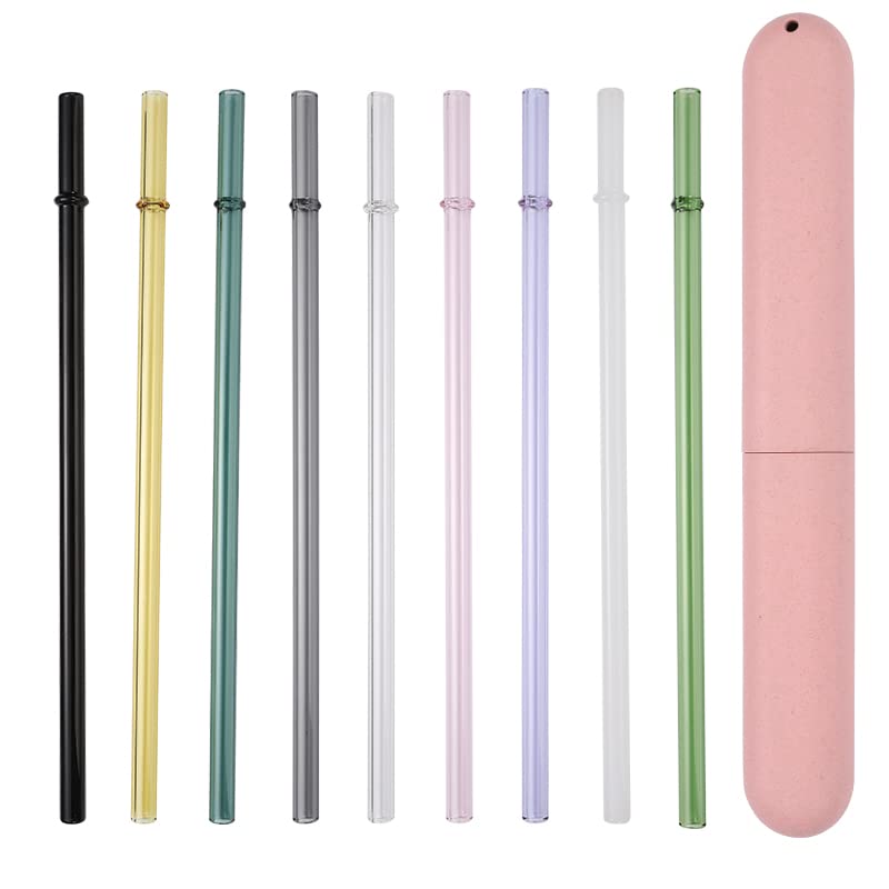 Eco-Friendly Reusable Glass Drinking Straws with Cleaning Brush & Case - 1/2pcs Fine Curved & Straight Glass Straws for Smoothies, Iced Coffee, Cocktails & Home/Office Use