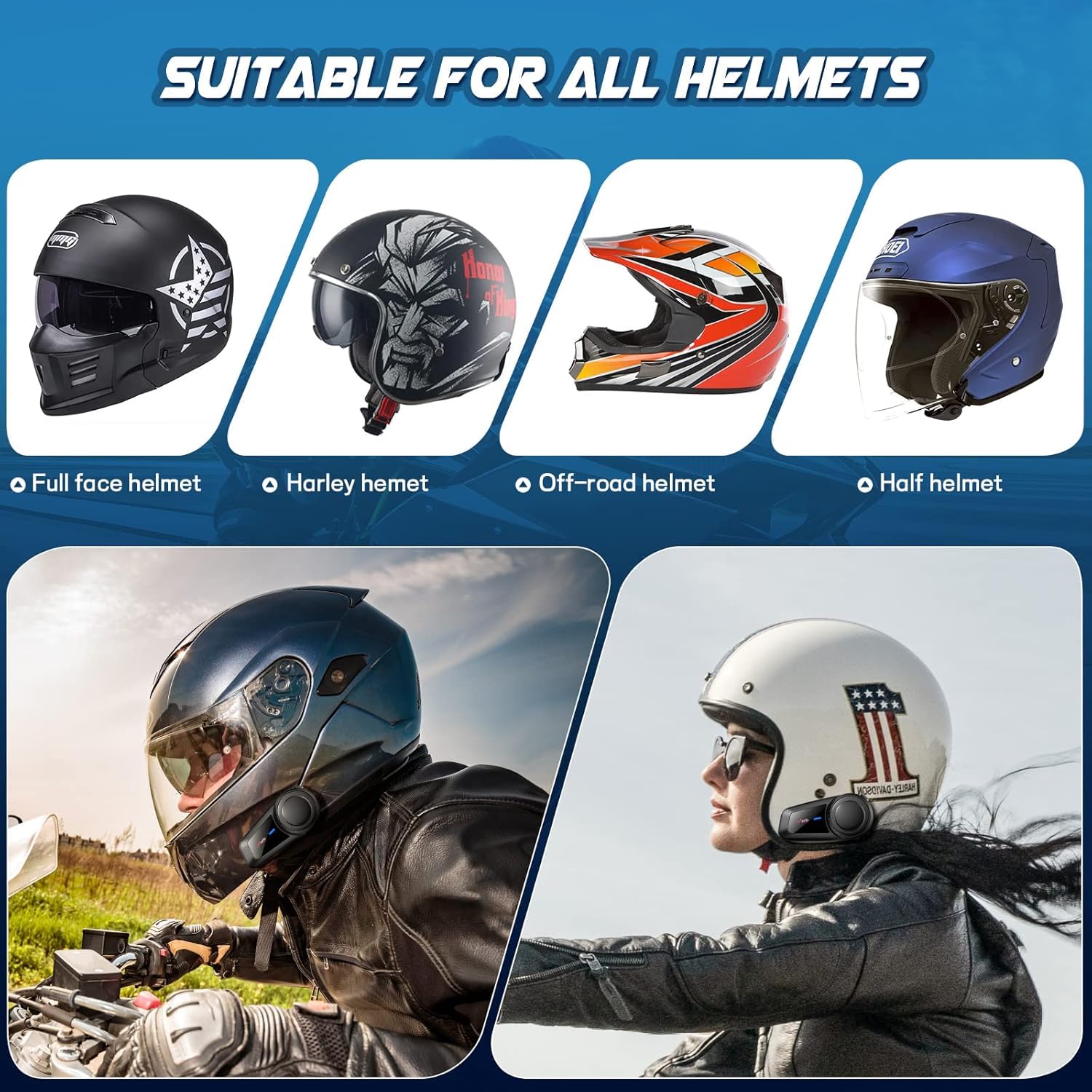 MAXTO M2 Bluetooth Motorcycle Helmet Headset - Wireless Intercom for 2-6 Riders with 1000m Range, Universal Pairing, Waterproof Design for Group Communication - Perfect for Motorcycling, Skiing & Outdoor Sports