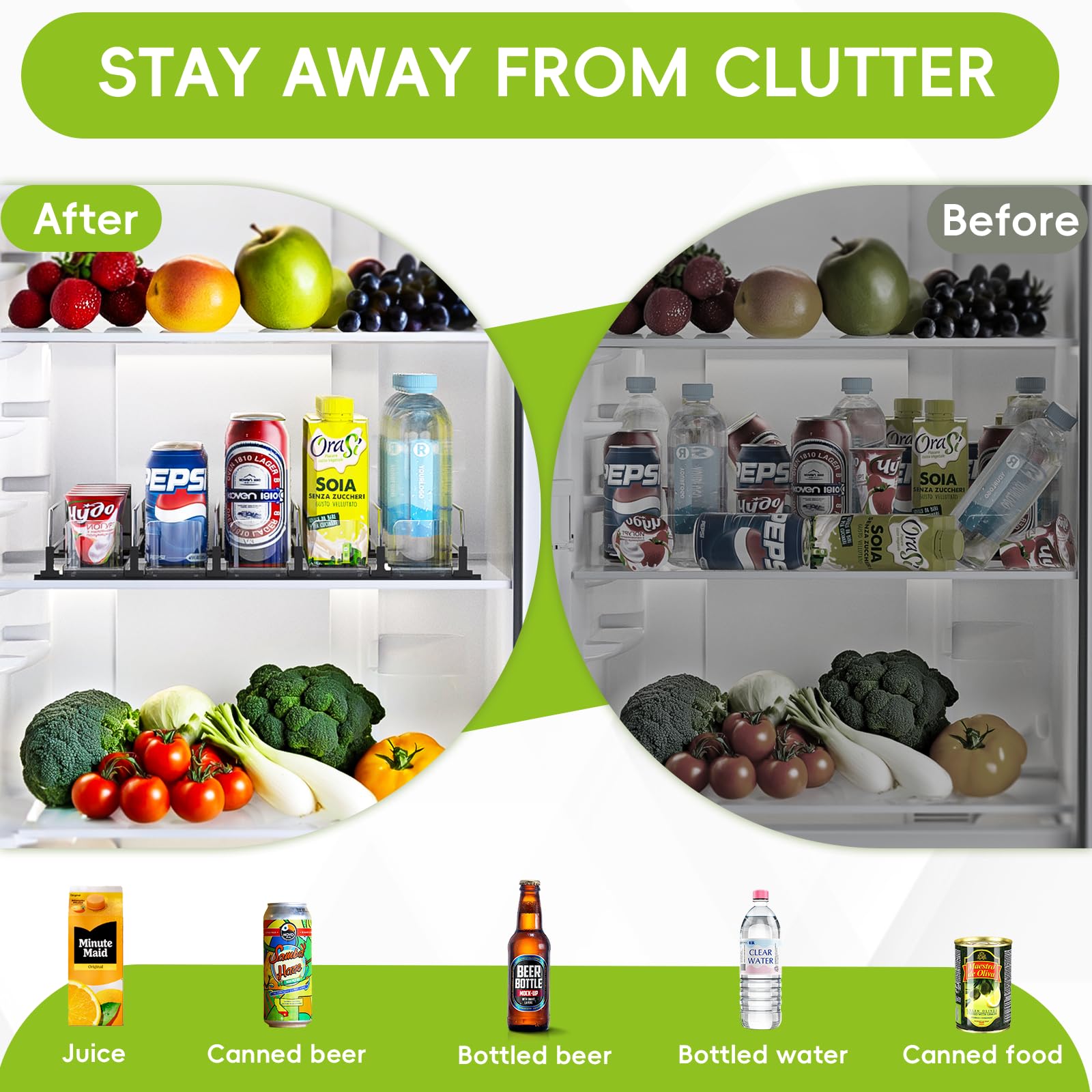 Adjustable 5-Row Soda Can Dispenser for Fridge - Self-Pushing Drink Organizer for Beer, Pop & Water Bottles (15.1