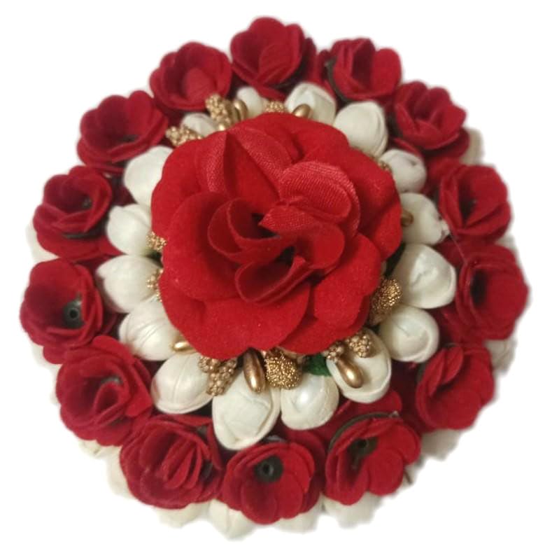 GuruEmbelish Artificial Flower Hair Bun Gajra - Bridal Hair Accessories for Women & Girls (Pack of 1, Red & White) - Perfect for Weddings, Parties & Special Occasions