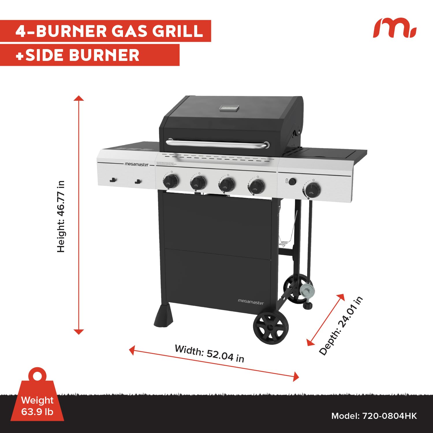 4-Burner Propane Gas Grill with Side Burner & Cover - 52,000 BTU, 568 SQ. In. Stainless Steel BBQ Grill for Outdoor Cooking, Backyard, Patio, Camping & Tailgating - Model 720-0804HK