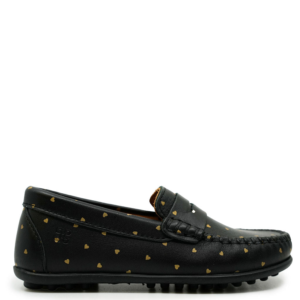Black and Gold Heart Penny Loafers for Women - Classic Comfortable Slip-On Shoes for Work, Office & Casual Wear