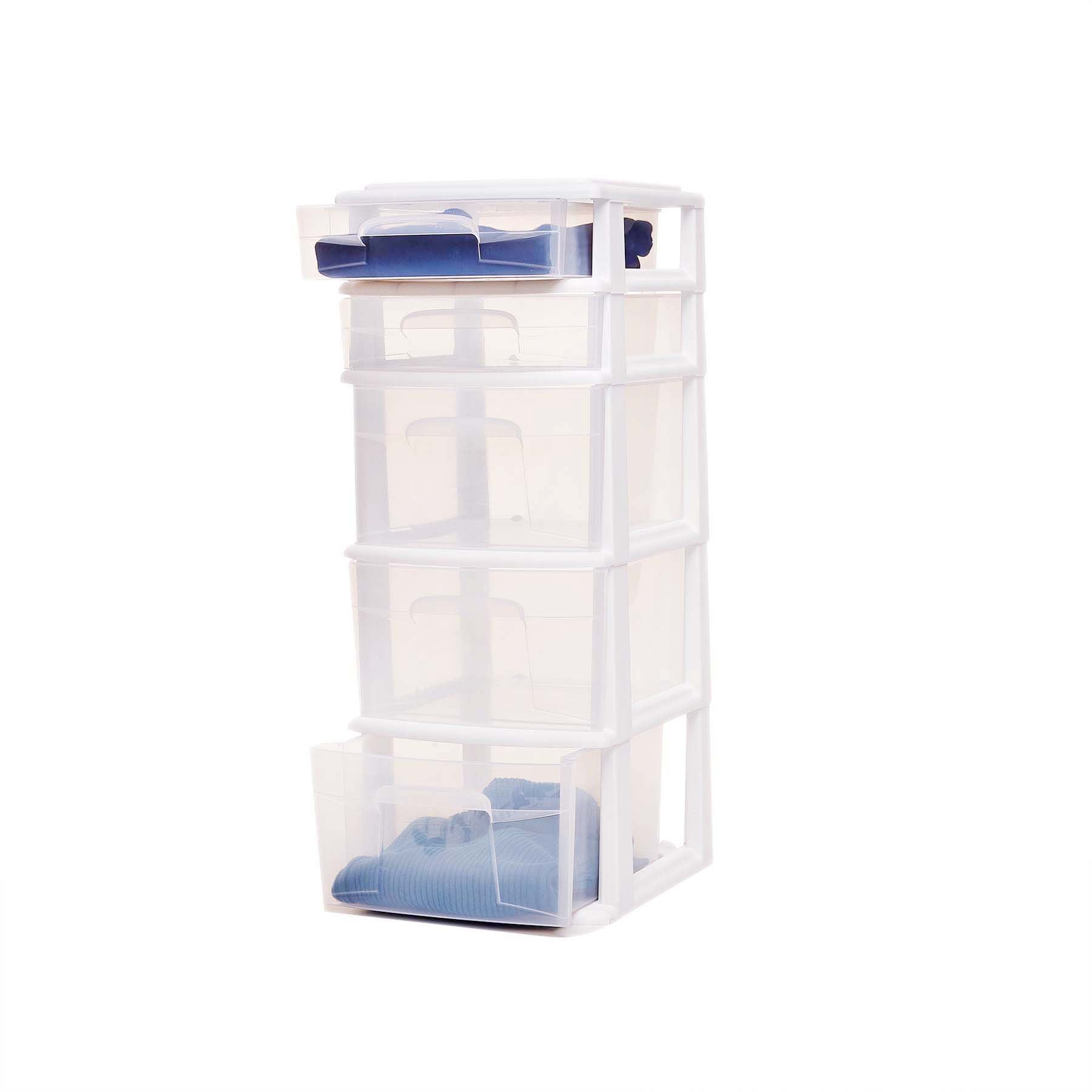 HOMZ 2-Pack 5-Tier Clear Plastic Storage Drawer Tower Organizer with White Frame - Perfect for Bedroom, Closet, Office & Craft Room Organization