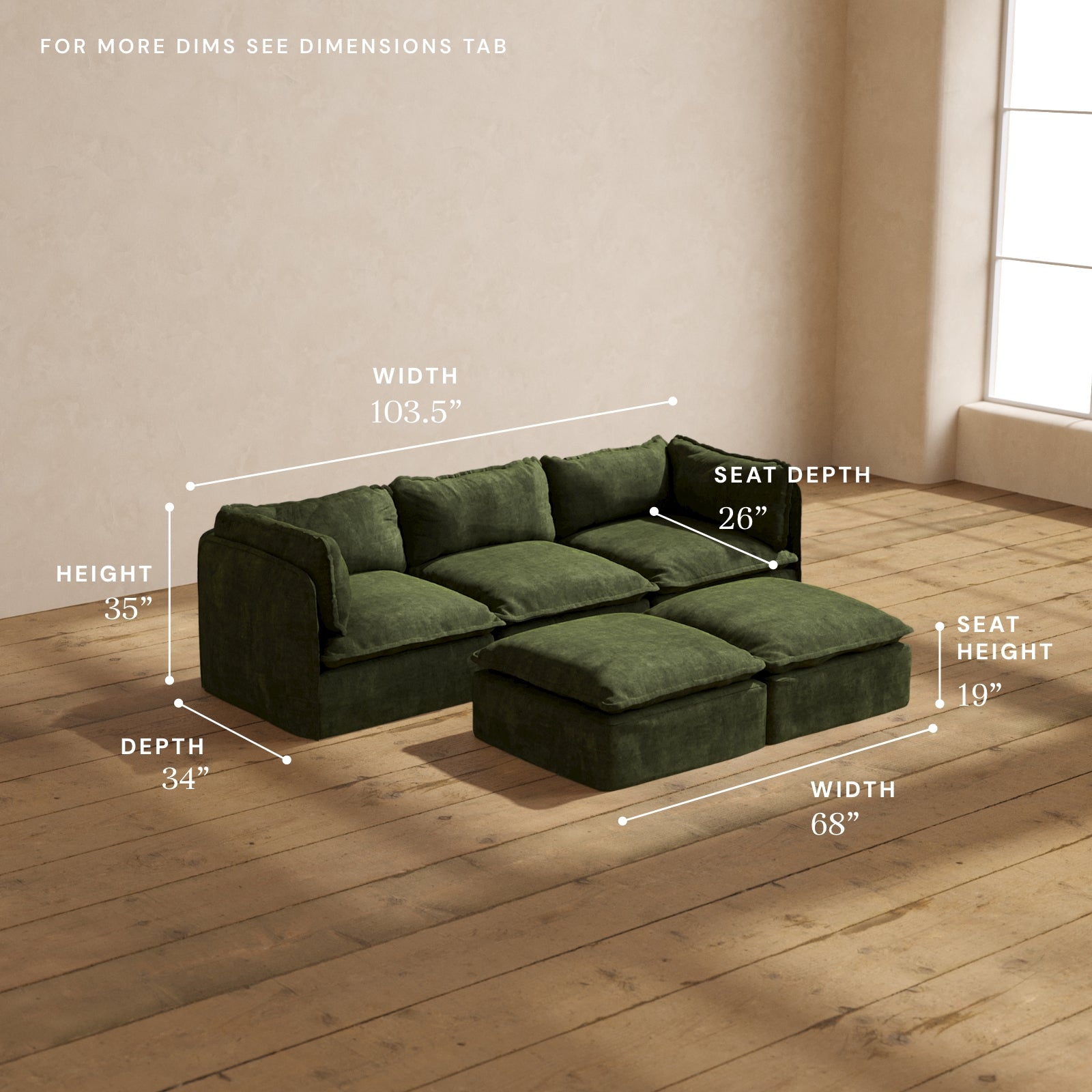 Premium Modular Performance 3-Seater Sofa with Ottoman Bench in Olive Green | Luxe Fabric Blend | Perfect for Living Rooms, Home Theaters & Cozy Spaces