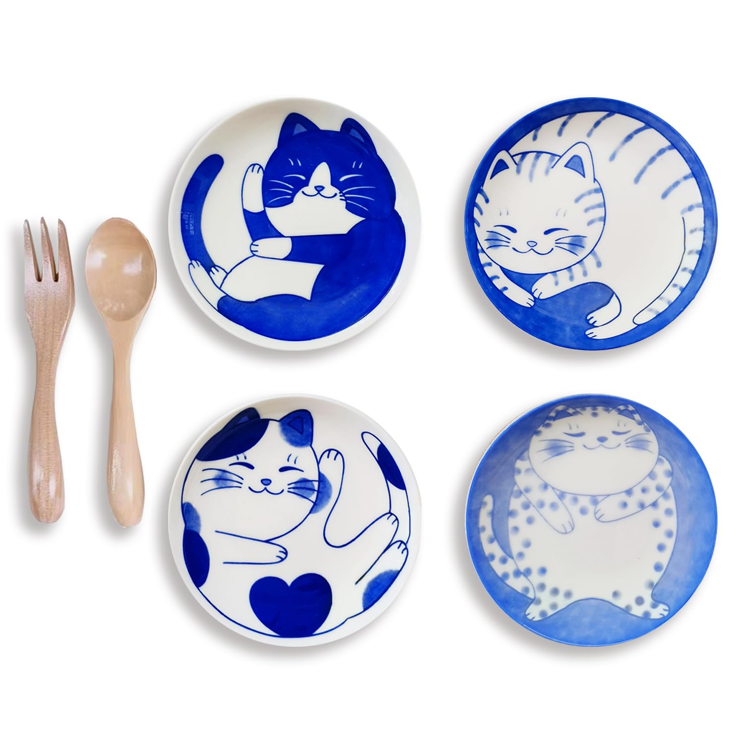 Adorable Cat-Themed Ceramic Dessert Plates Set of 4 - Perfect for Dipping Sauces, Sushi, Appetizers & Soy Sauce - Ideal Cat Lover Gift for Dinnerware Sets (Includes Free Spoon & Fork) - Great for Tea Parties, Japanese Cuisine & Home Decor