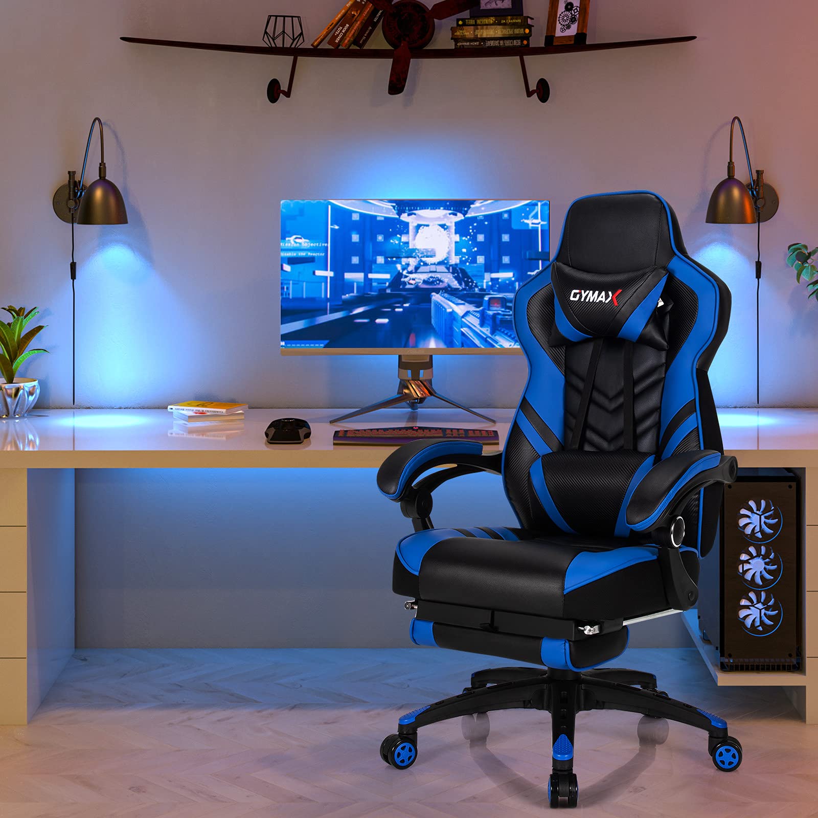 GYMAX Ergonomic Gaming Chair with Footrest - Adjustable Linkage Armrests & Lumbar Support - High Back Reclining Office Computer Chair for Adults & Teens - Perfect for Gaming, Working & Home Office (Blue)