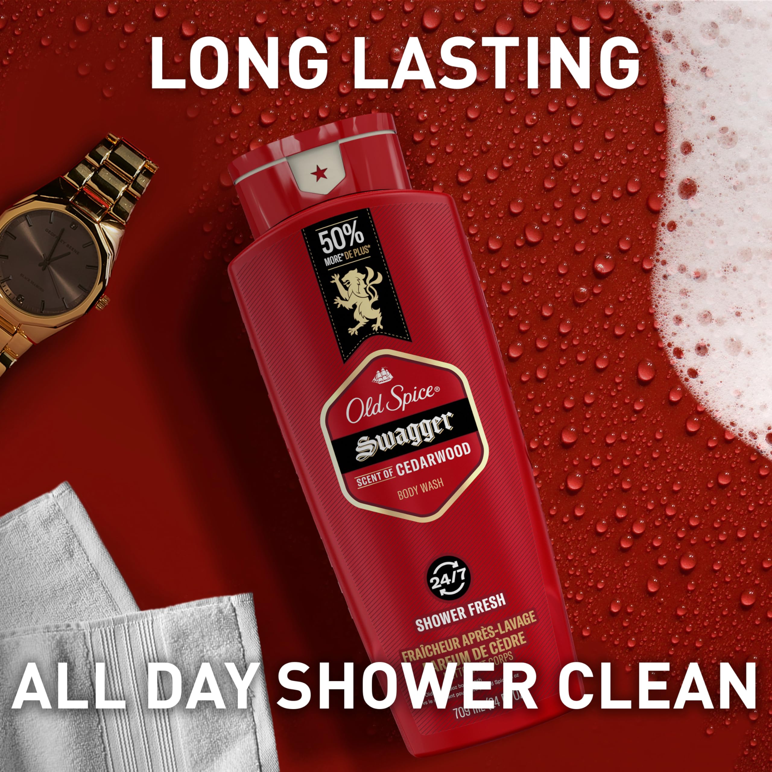Old Spice Men's Body Wash - 24/7 Shower Fresh with Long-Lasting Cedarwood Scent, Swagger Red Collection, 24 fl oz (Pack of 2) - Refreshing Daily Shower Gel for Gym, Work & Active Lifestyle