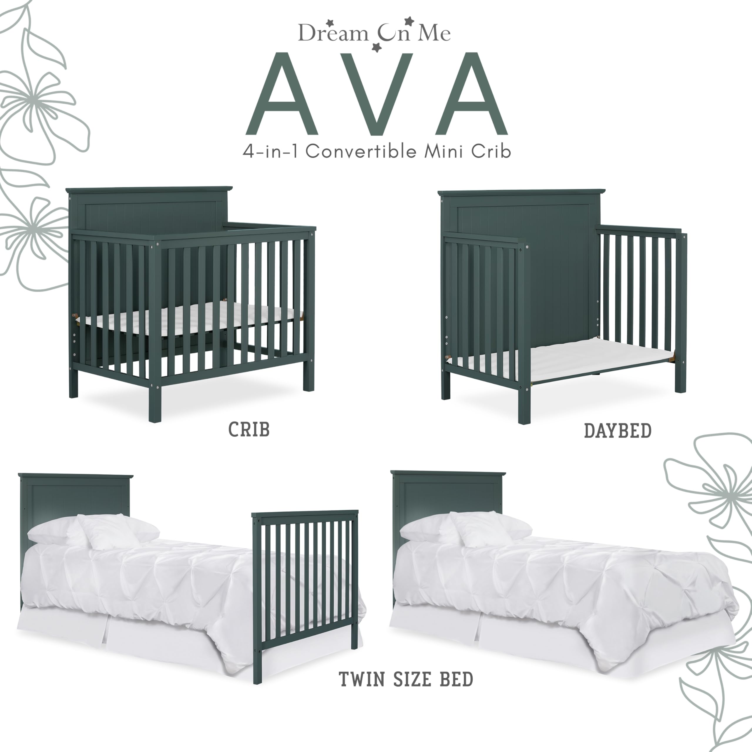 Dream On Me Ava 4-in-1 Convertible Mini Crib in Olive | Greenguard Gold Certified & Non-Toxic Finish | Includes 1