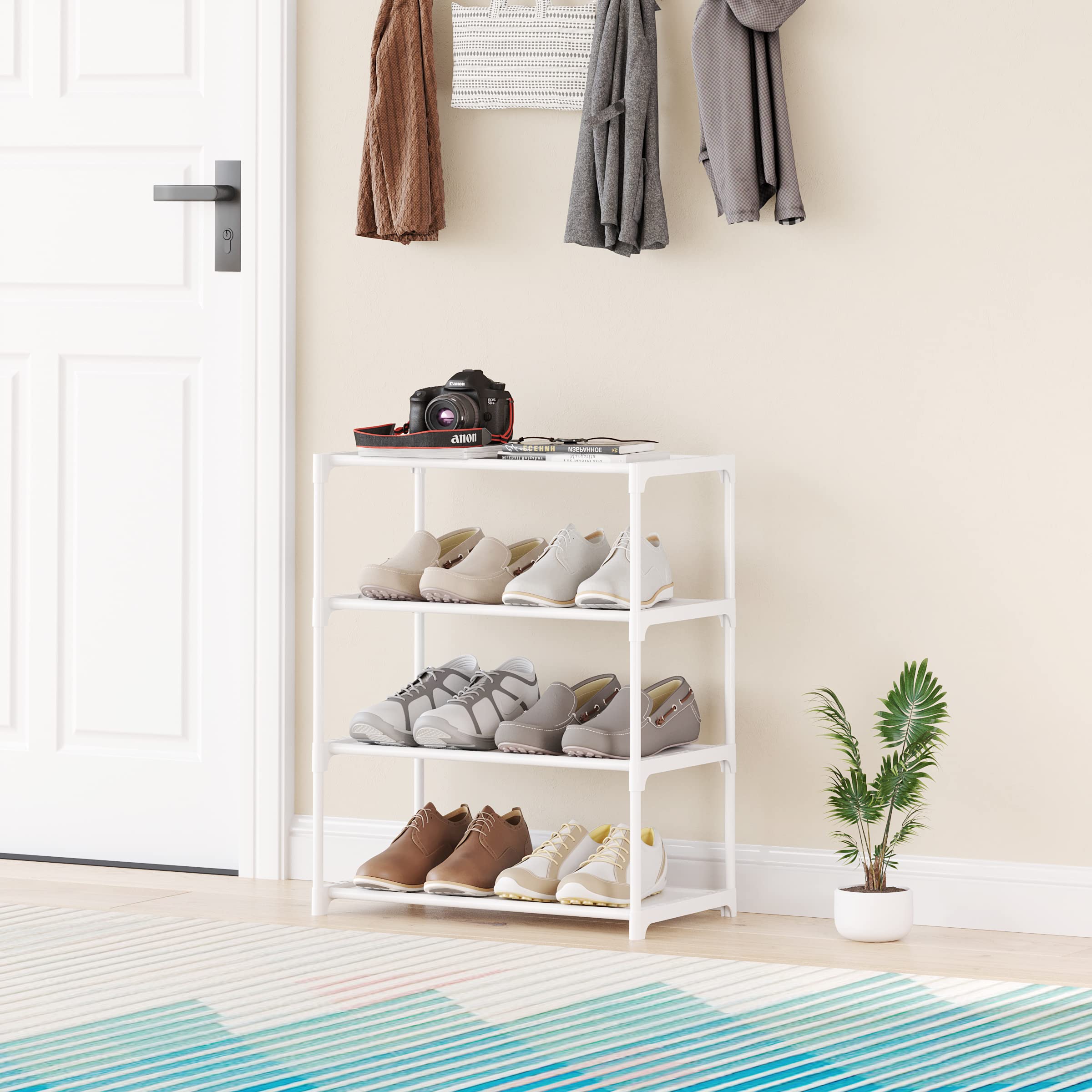 4-Tier Stackable Shoe Rack Organizer - Space Saving Shoe Storage Shelf for Entryway, Hallway, Closet, Bathroom & Living Room - Perfect for Small Spaces & Apartment Organization (White)