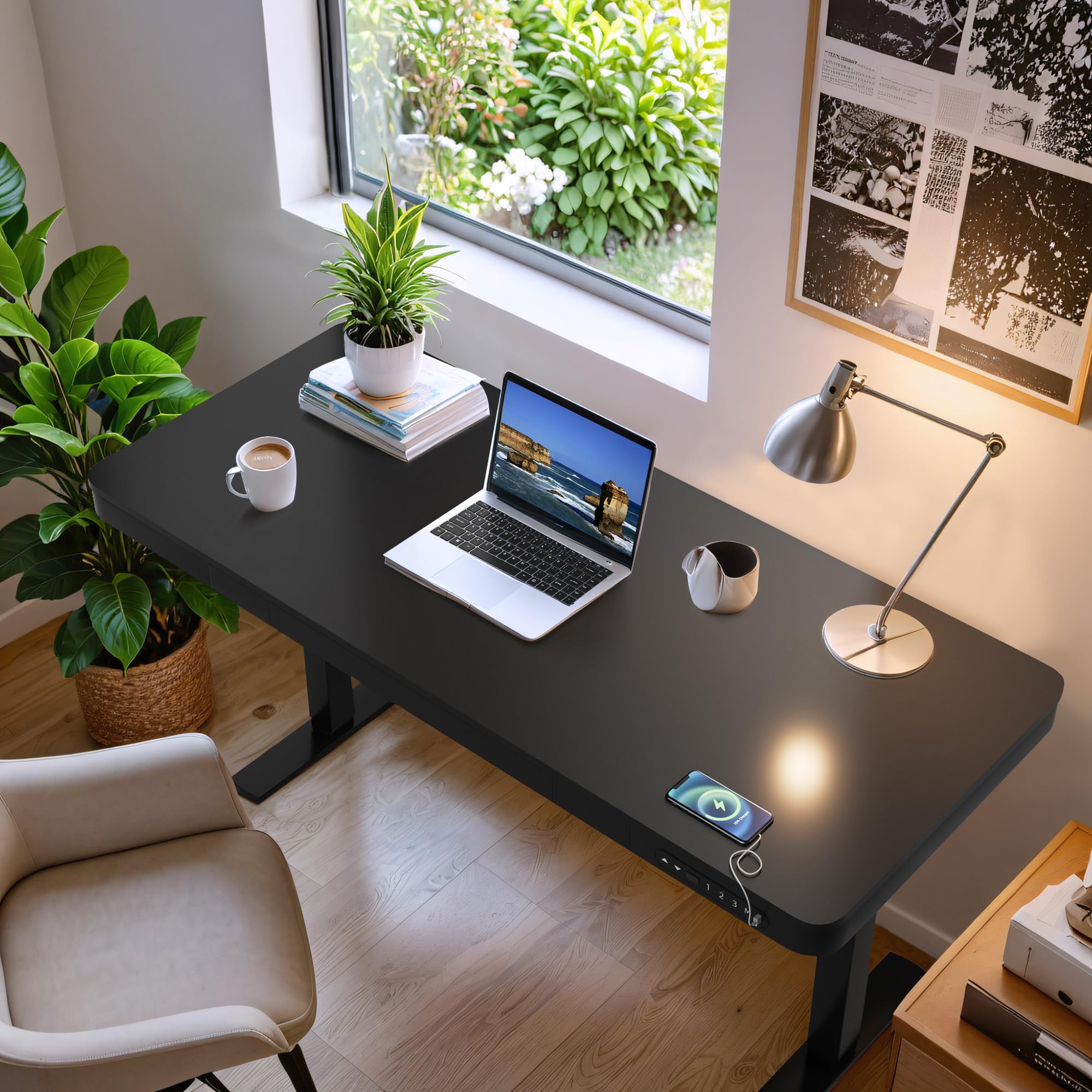Furmax 55 x 24 Inch Electric Standing Desk with Drawer - Adjustable Height Home Office Computer Desk with USB Ports, Black - Perfect for Remote Work & Ergonomic Workspace Setup