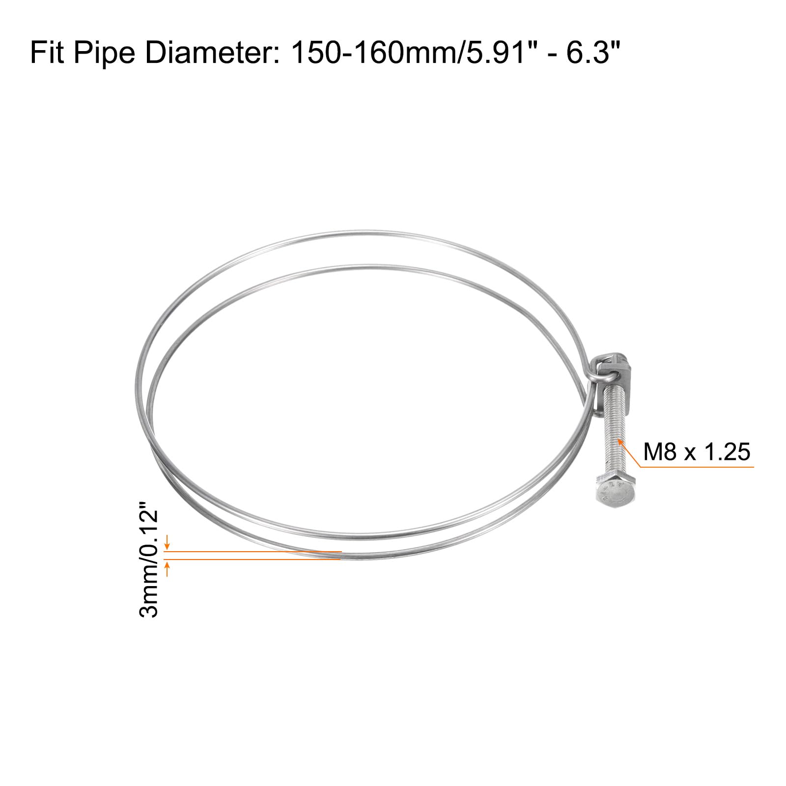 uxcell 6Pcs Stainless Steel Adjustable Double Wire Hose Clamps 150-160mm with M8 Bolt - Heavy Duty Clips for Dust Collection, Pump, Pipe & Industrial Hose Connections (Perfect for Plumbing, Automotive & HVAC Systems)