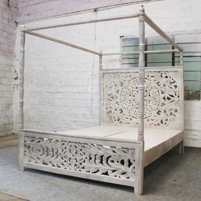 Hand Carved Wooden Bed - Antique Indian Design Queen & King Size Bed Frame | Perfect for Master Bedroom, Guest Room & Luxury Home Decor
