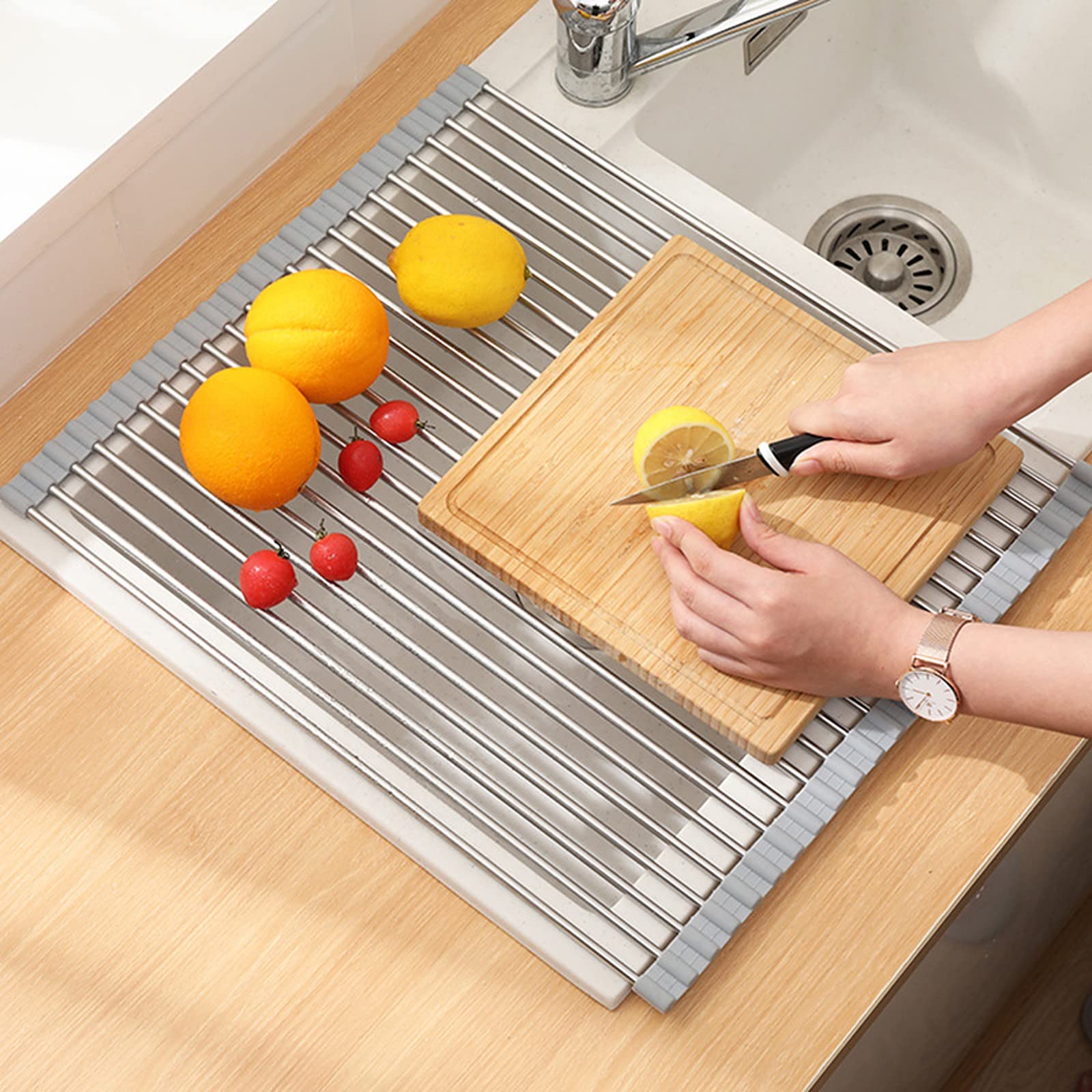Wolpin Large Roll-up Sink Dish Drying Rack - Stainless Steel Foldable Organizer for Kitchen Utensils, Fruits & Vegetables (47 x 36 cm) | Space-Saving Drainer for Small Kitchens & Countertops | Perfect for Dishwashing, Food Prep & Drying Produce