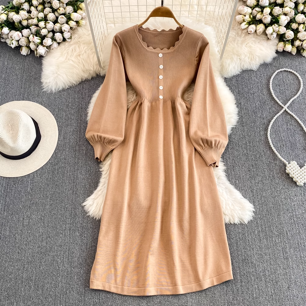 Women's Autumn Winter Long Sleeve Round Neck A-Line Knit Dress 1454 - Cozy Mid-Length Sweater Dress for Office, Date Night & Holiday Parties