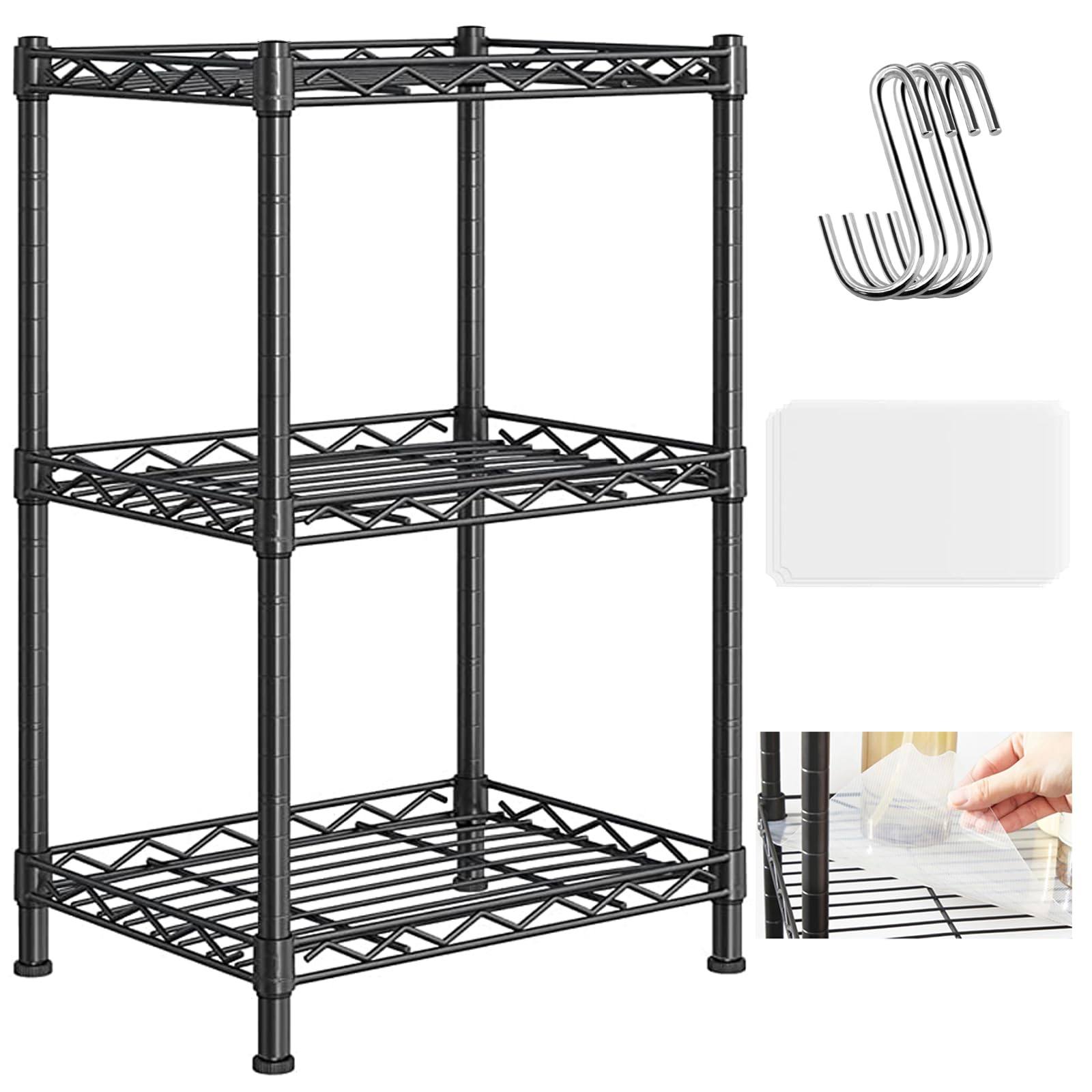 Santoy 3-Tier Adjustable Metal Storage Shelf - Heavy Duty Steel Wire Organizer for Kitchen, Bathroom, Pantry, Closet & Bedroom (Black, 17.7