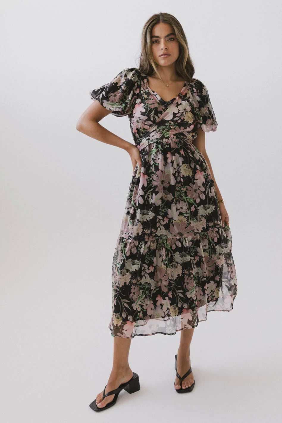 Angelique Floral Tie Dress in Black - Elegant Women's Summer Dress for Parties & Weddings - FINAL SALE
