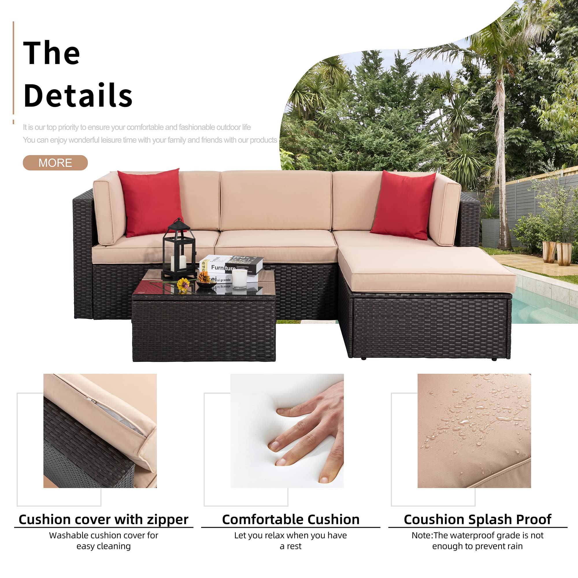 **Shintenchi 5-Piece All-Weather Outdoor Patio Furniture Set - PE Rattan Wicker Sectional Sofa with Glass Table, Ottoman, Cushions & Red Pillows - Perfect for Backyard, Garden, and Poolside Relaxation**