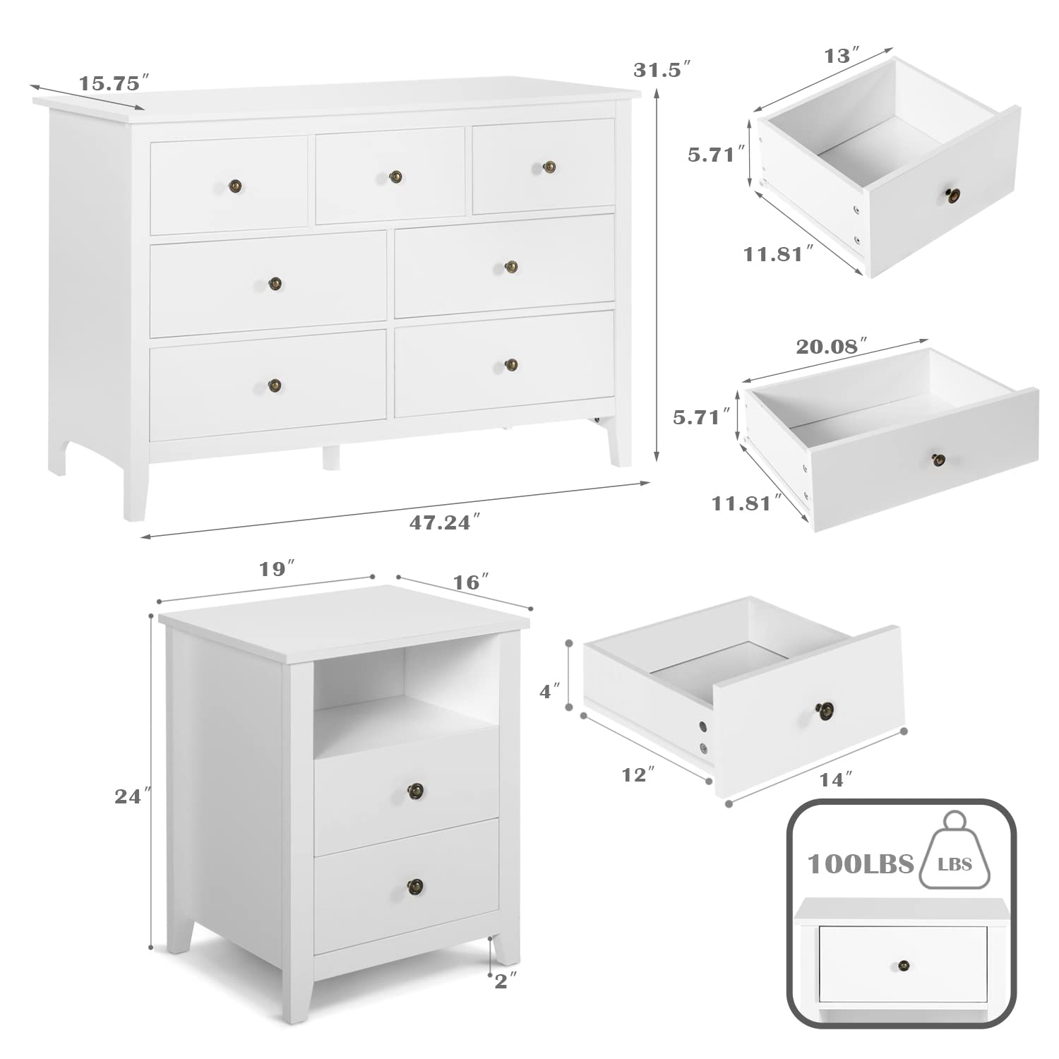 3-Piece Modern White Wooden Bedroom Set with 7-Drawer Dresser & 2-Drawer Nightstands - Perfect for Master Bedroom, Guest Room & Apartment Decor