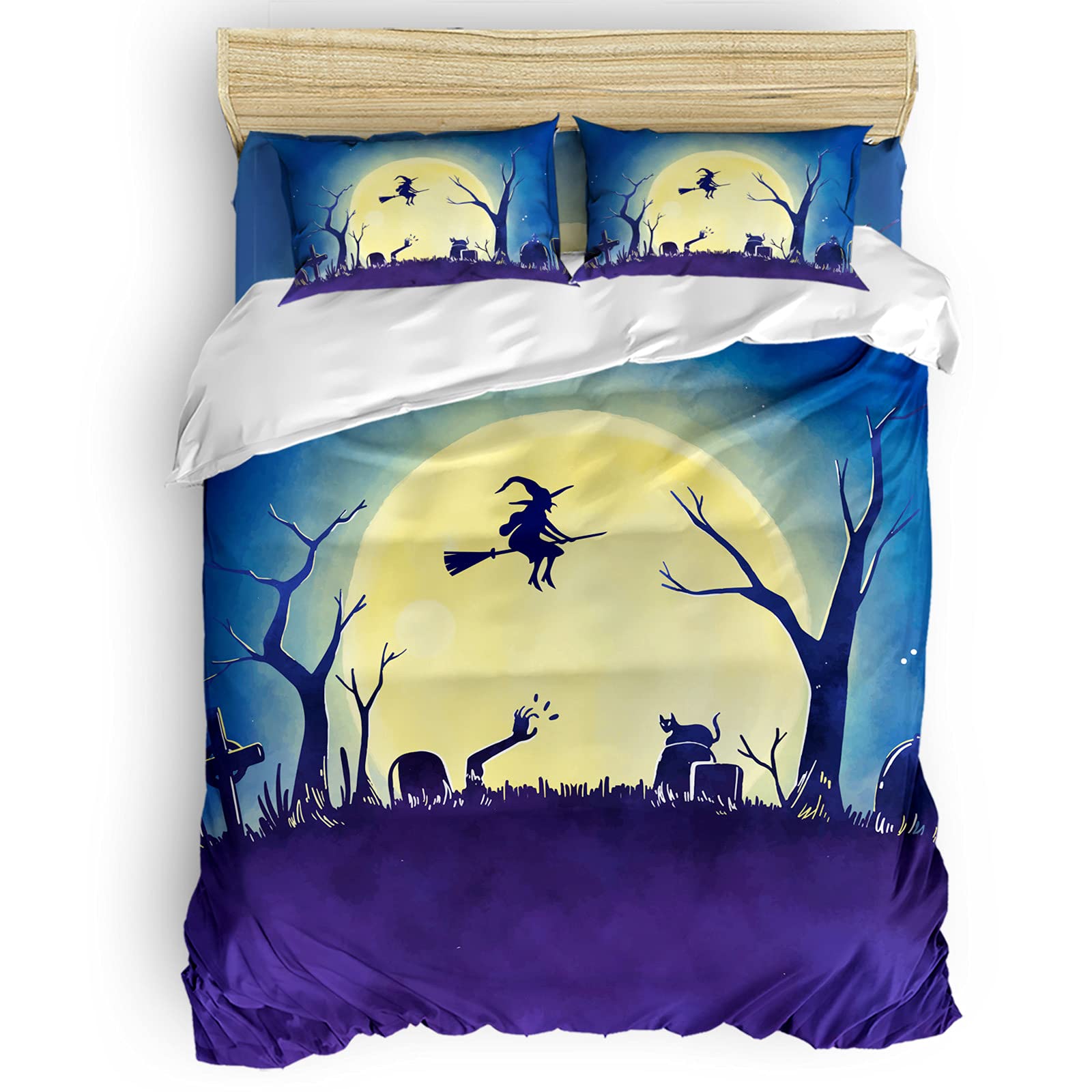 Halloween Witch Flying Broomstick Full Moon King Size Duvet Cover Set - Breathable Comforter Cover with Zipper Closure for Kids & Adults Bedding - Perfect for Halloween Decor, Spooky Bedroom Theme & Seasonal Home Collection